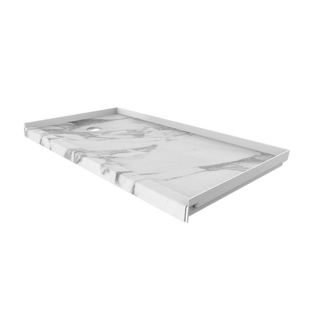 FlexStone 32 in. x 60 in. Single Threshold Shower Base with Left Hand Drain in Calacatta White