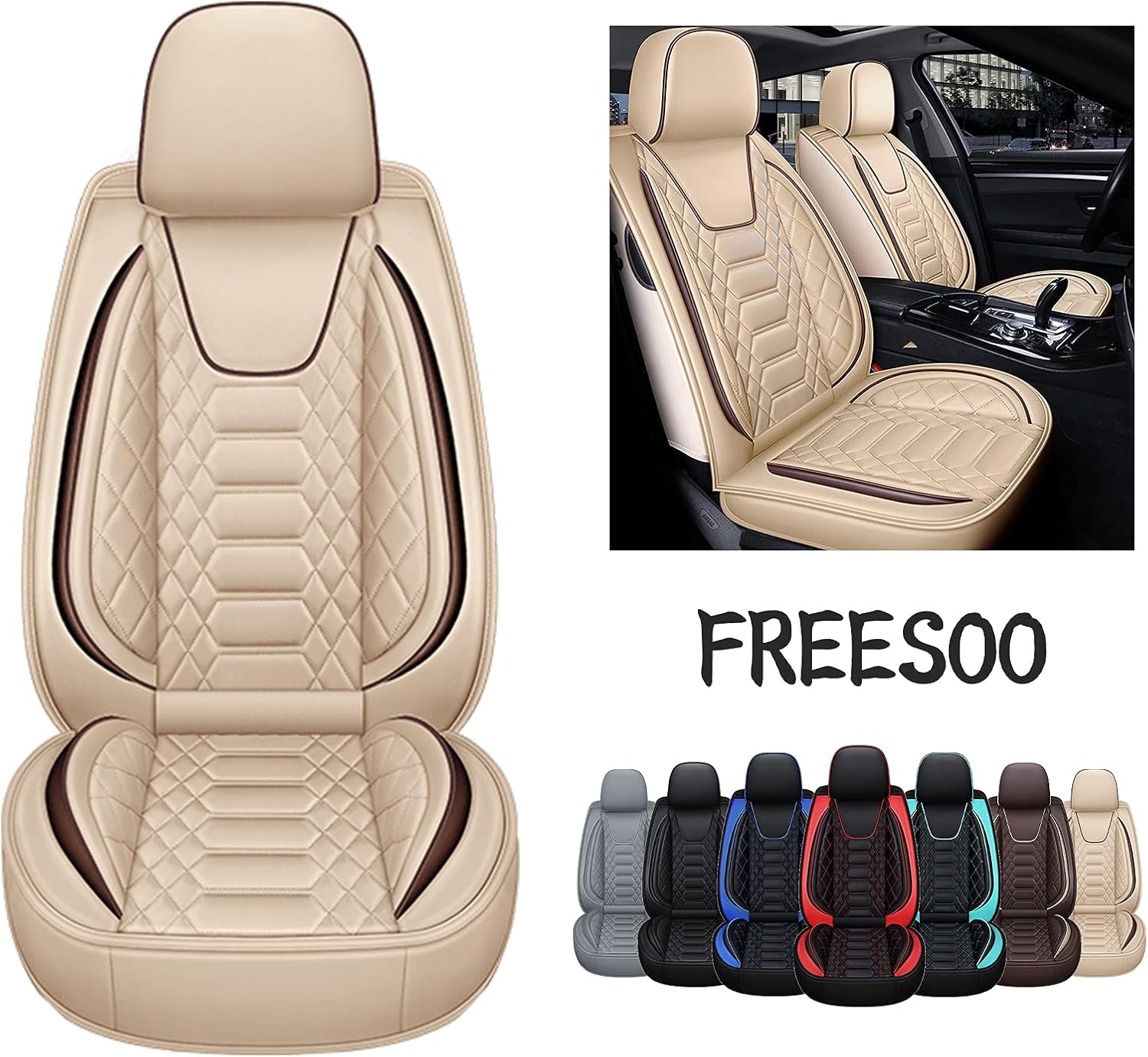 FREESOO Car Seat Covers Leather, Seat Cover Automotive Cushion Protector Accessories Airbag Compatible Universal Fit for 5 Seats Vehicle (Black 8)