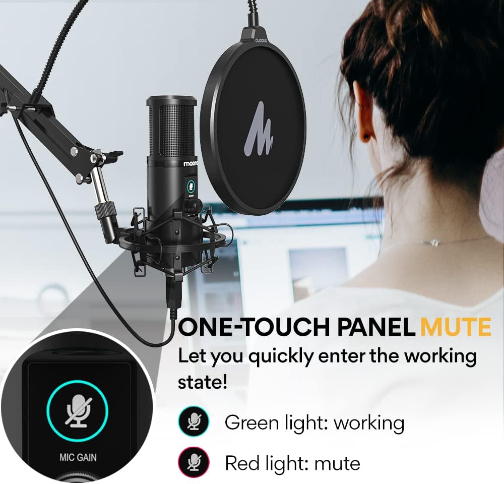 USB Microphone with One-Touch Mute and Gain Knob, MAONO Professional Condenser Computer PC Mic for Podcasting, Recording, Gaming, Live Streaming, Zoom Meeting, Studio, YouTube, Skype, AU-PM421 Pack of 2