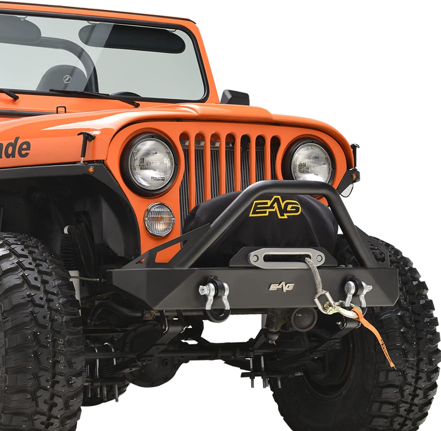 EAG Stubby Front Bumper with Winch Plate and D-Rings Black Textured Fit for 76-86 Wrangler CJ