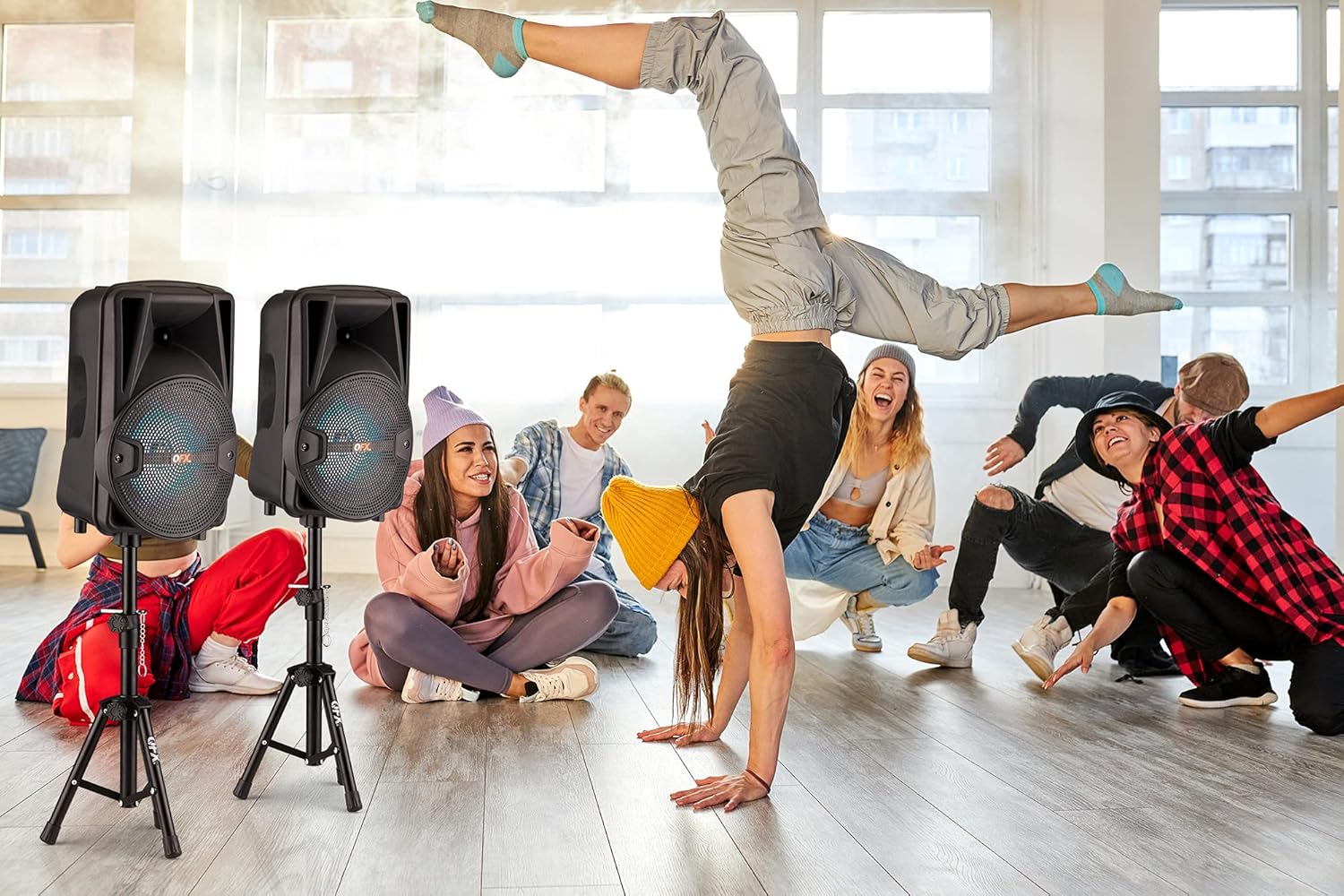 QFX PBX-800 TWS Bluetooth 8&rdquo; Woofer 1&rdquo; Tweeter Rechargeable Portable Speakers with Remote Control AC Adapter 2 Stands and 2 Microphones PBX-800TWS Black 2x8 Woofer and 2x1 Tweeter