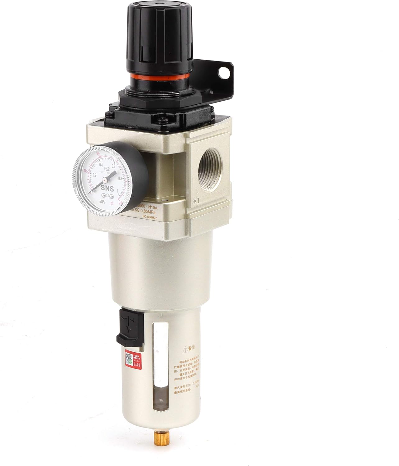 SNS AW5000-N10A Compressed Air Filter Regulator Piggyback Combo 1&rdquo;NPT-metal bowl, semi-auto drain, bracket, gauge