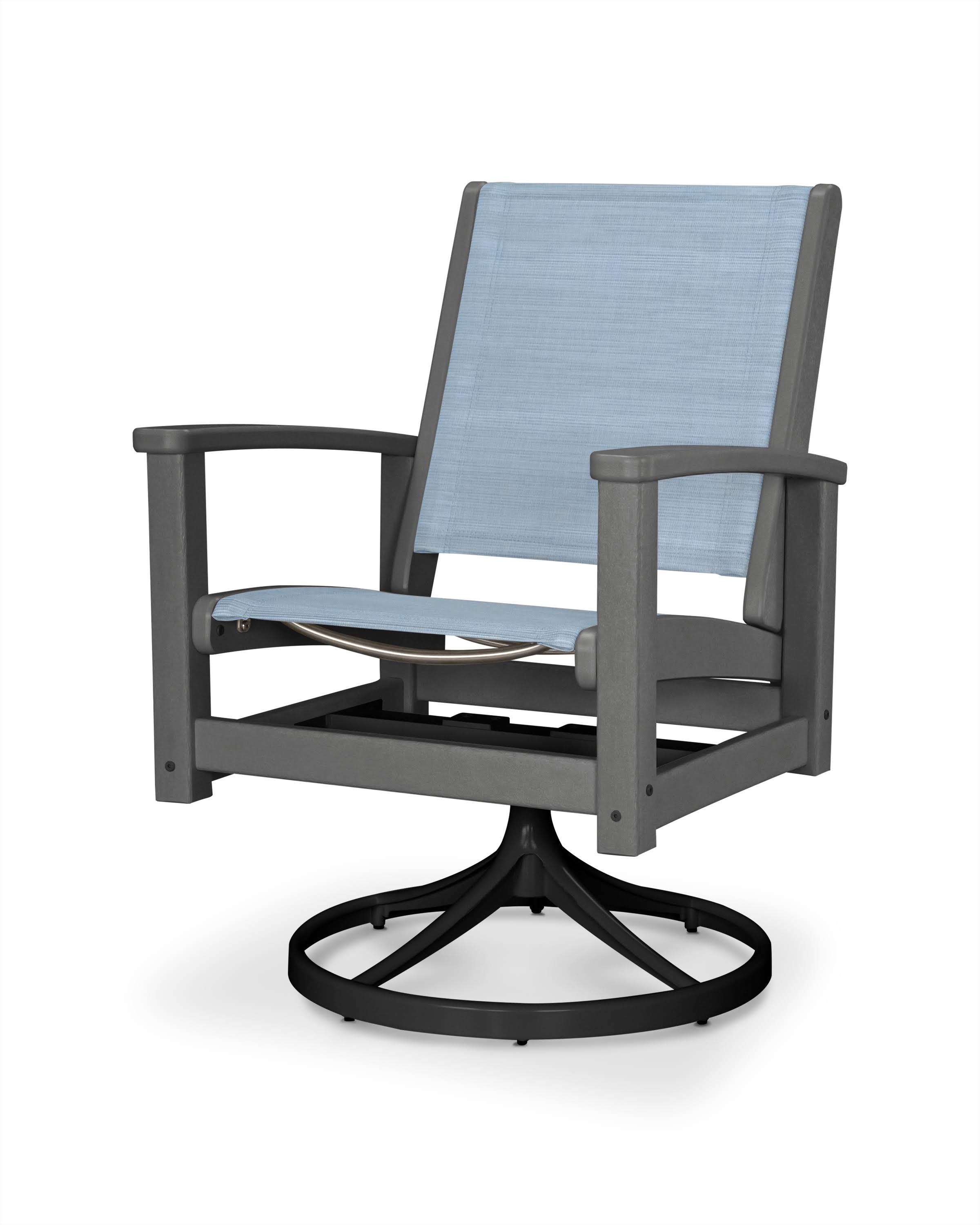 POLYWOOD Coastal Swivel Rocking Chair in Textured Black / Slate Grey / Poolside Sling
