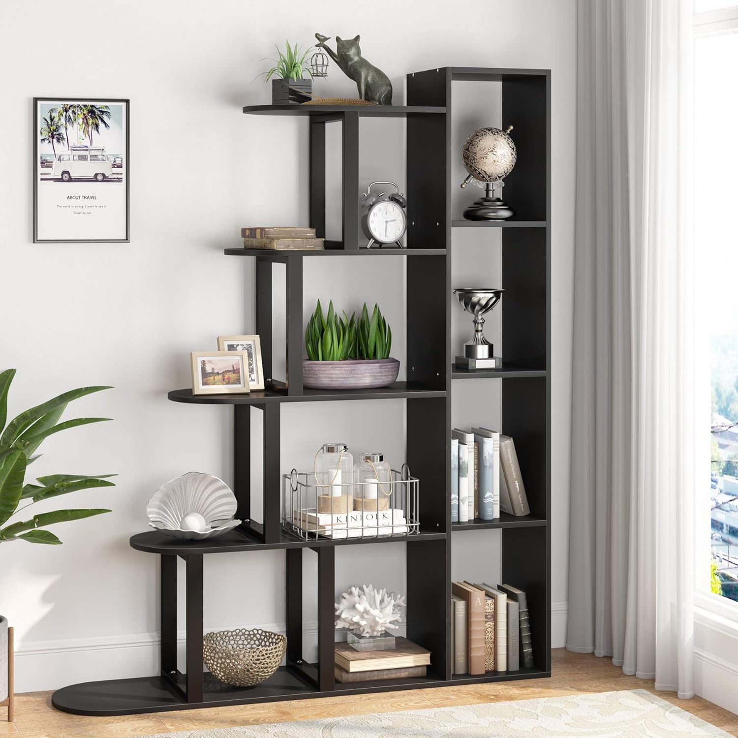 Tribesigns 5-Tier Bookshelf Industrial Bookcase, 5 Shelf Corner Ladder Shelf Modern Display Shelf Storage Organizer for Living Room, Home Office (Black)