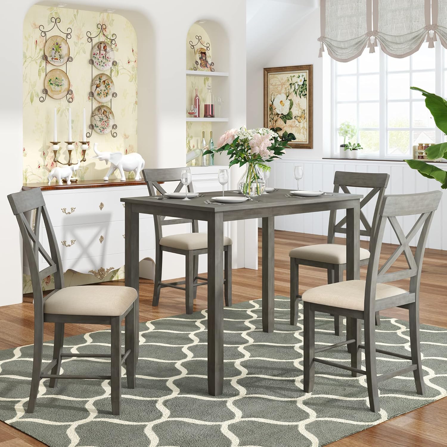 5-Piece Kitchen Dining Table Set, Wood Rectangular Table with 4 Linen Fabric Chairs for Dining Room/Kitchen/Compact Space