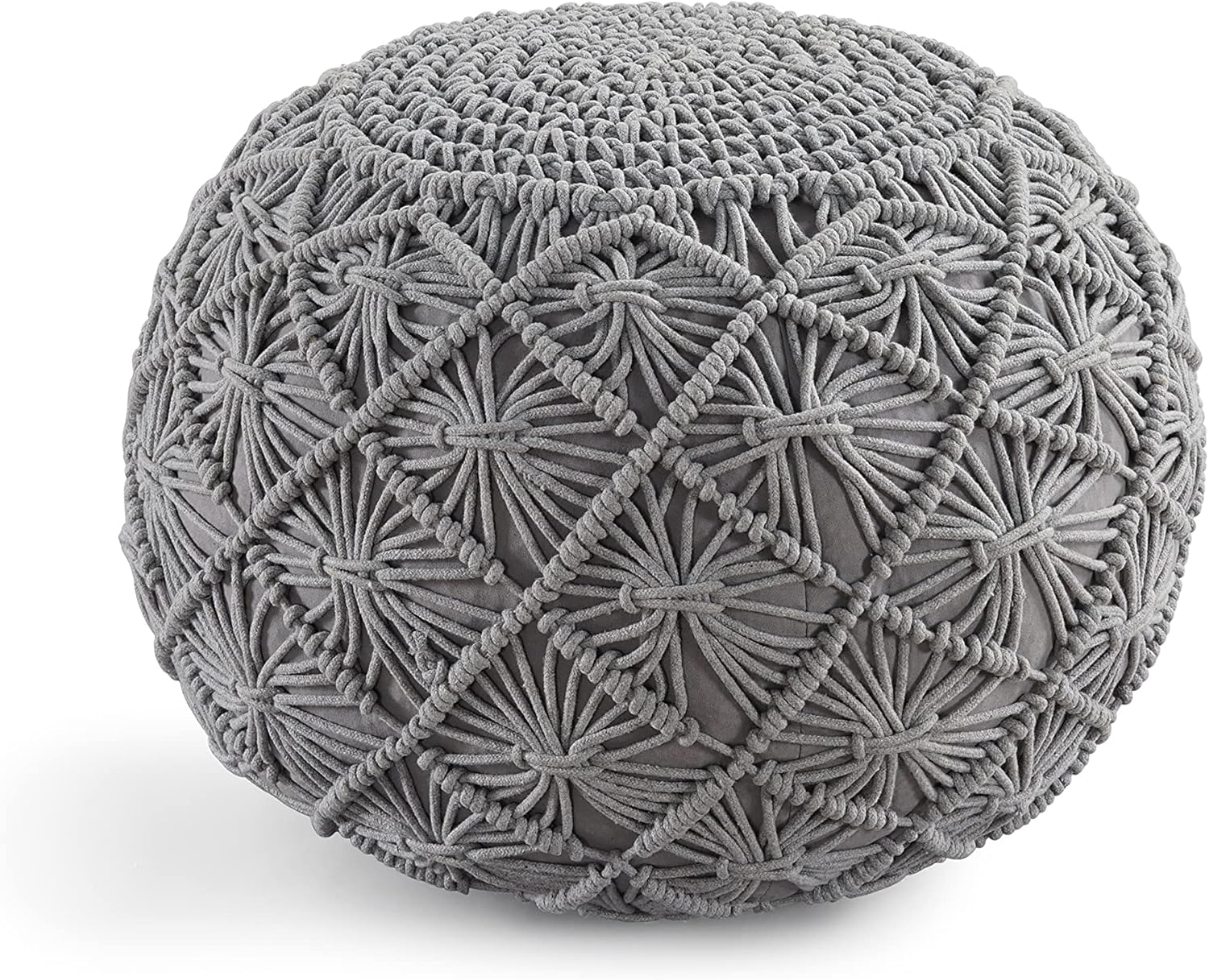 Casa Platino Pouf Ottoman Hand Knitted Cable Style Dori Pouf - Macram&eacute; Pouf - Cotton Braid Cord - Handmade & Hand Stitched - Truly One of A Kind Seating - 20 Dia X 14 Height Silver Grey