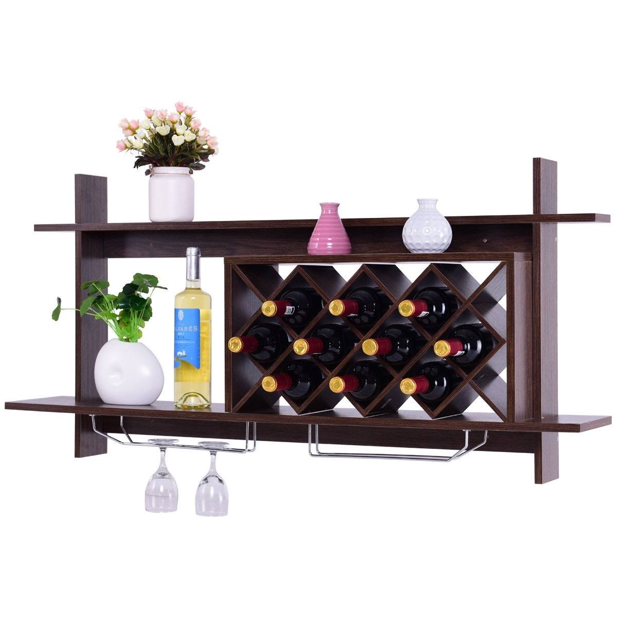 Gymax Wall Mount Wine Rack Organizer with Glass Holder u0026 Storage Shelf Home Decor, Black