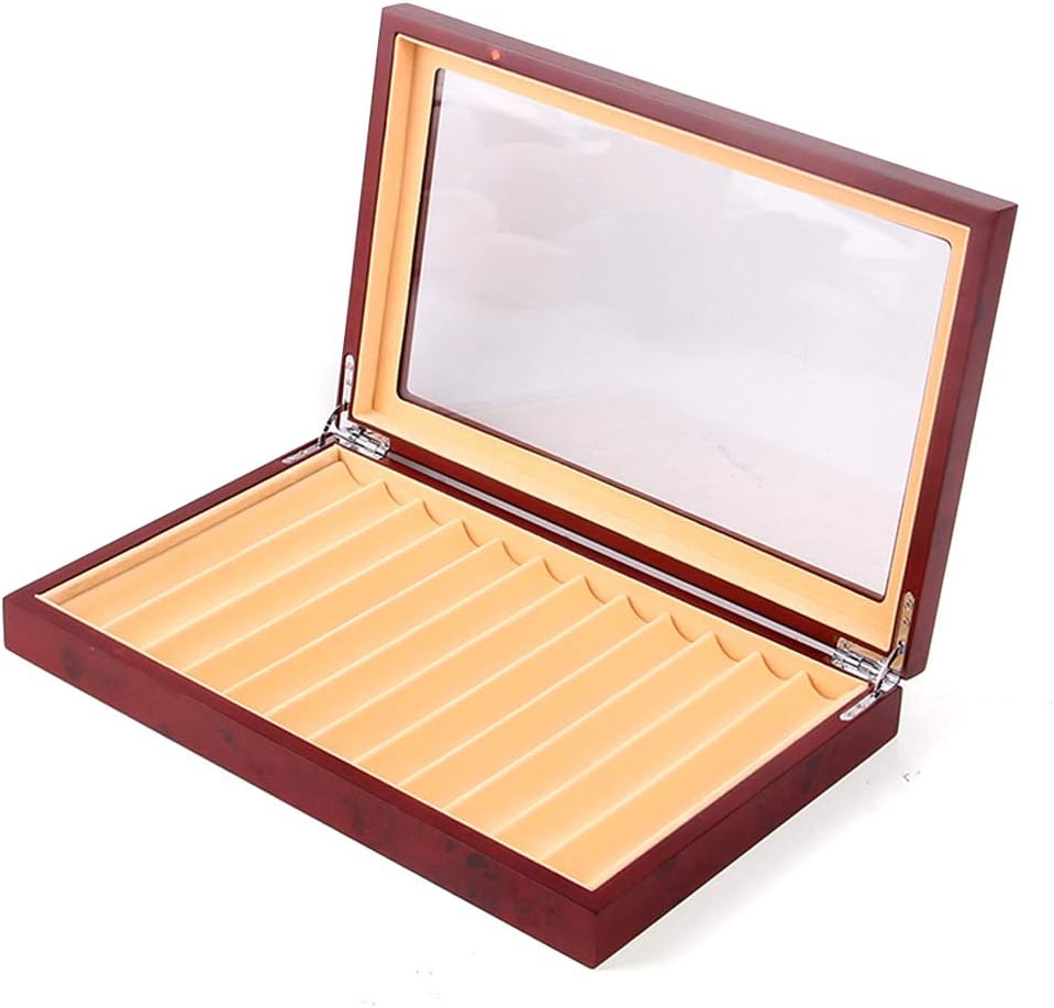 12 Piece Red Wood Pen Display Case Storage Box with Lod,Top Glass Window Pen Collection Orangizer Box Pack of 2