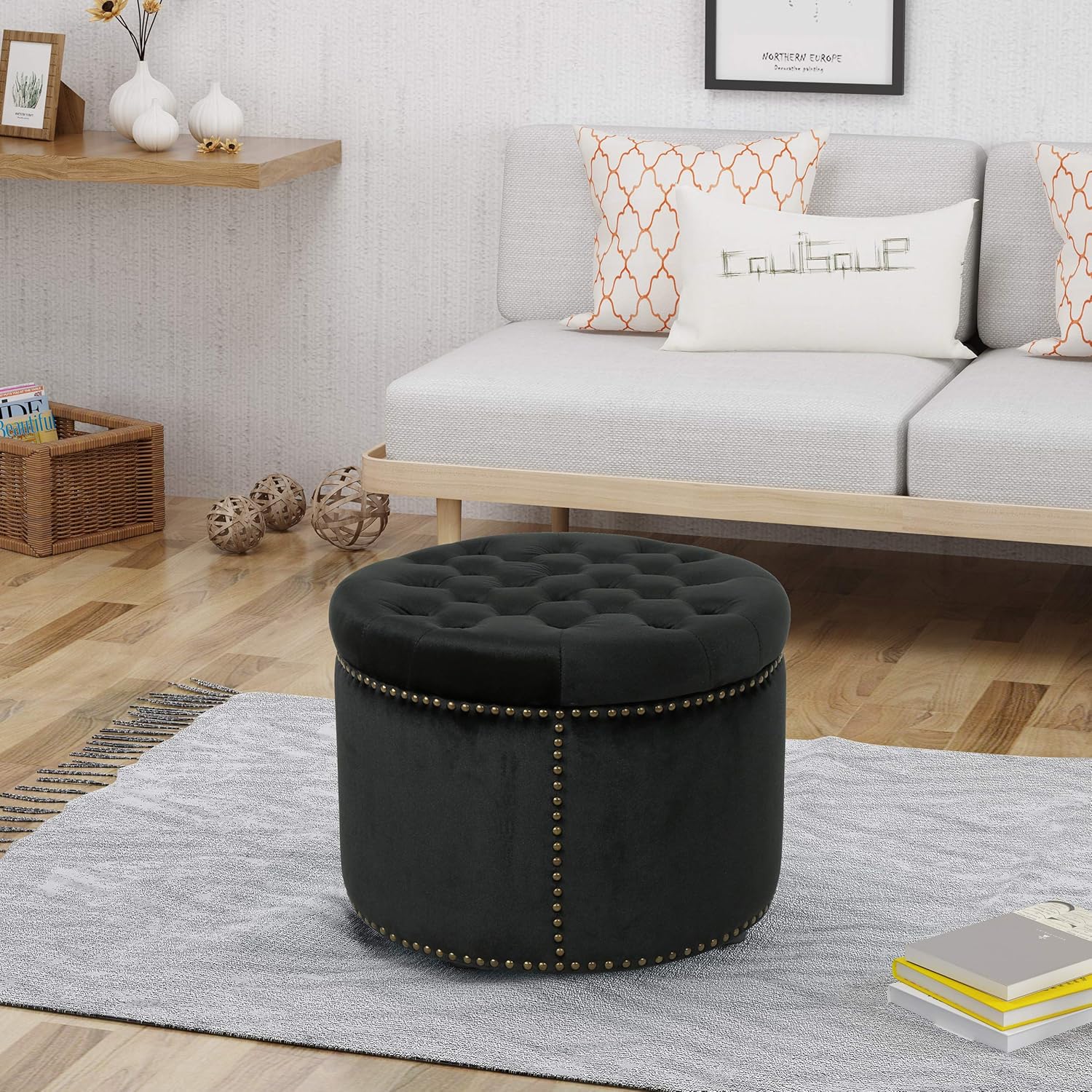 Christopher Knight Home Carlos Glam Velvet Tufted Ottoman, Black