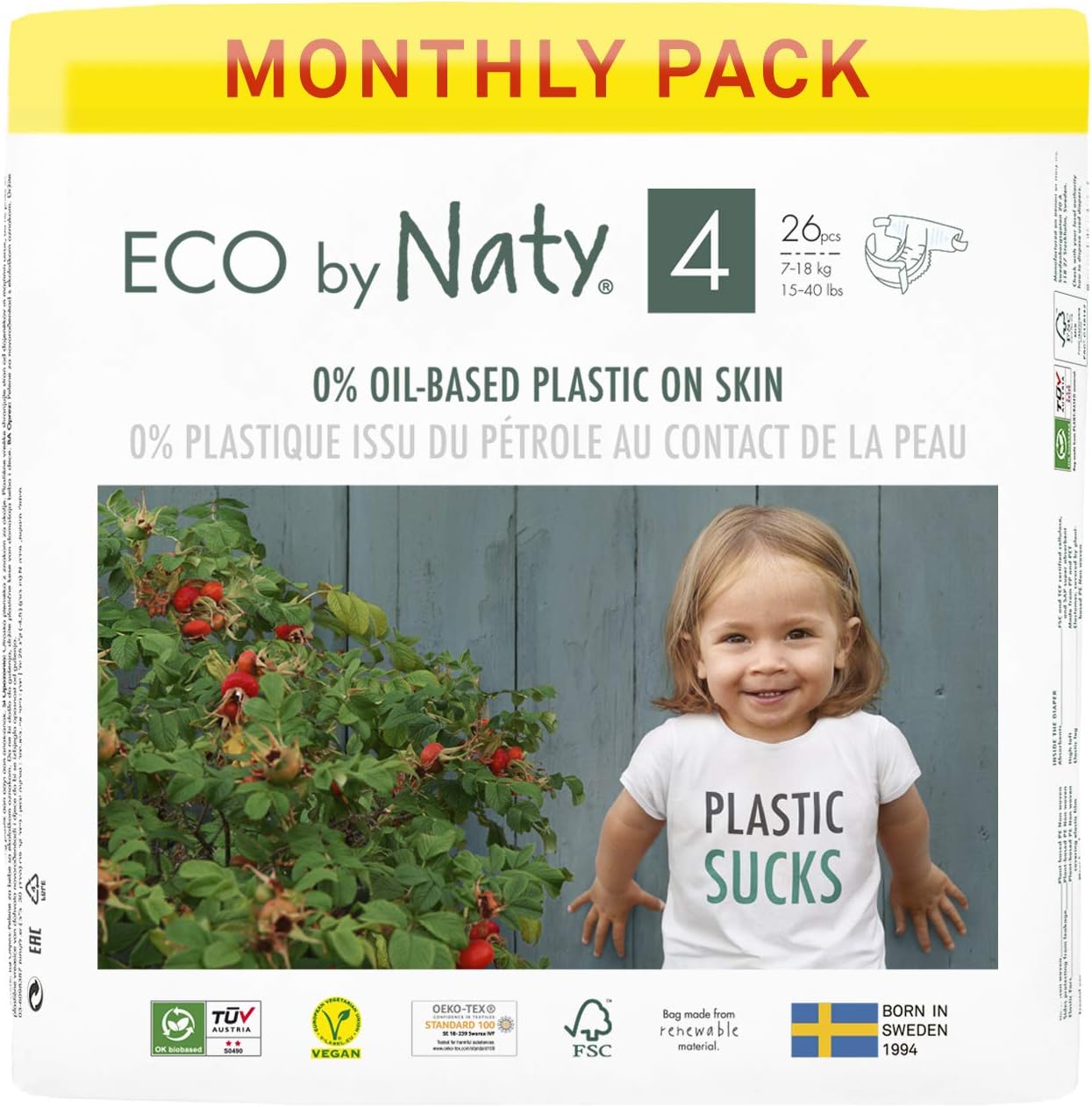 Eco by Naty Baby Diapers, Size 4, 156 Ct, Plant-based with 0% Oil Plastic on Skin, One Month Supply Pack of 2
