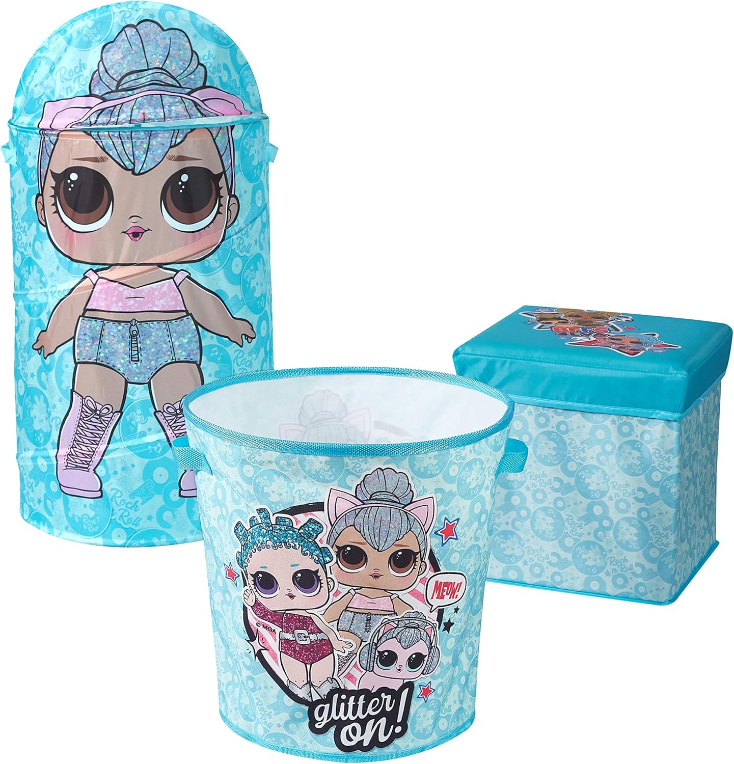 Idea Nuova Ryan's World 3 Piece Collapsible Storage Set with Collapsible Ottoman, Bin and Figural Dome Pop Up Hamper Pack of 2