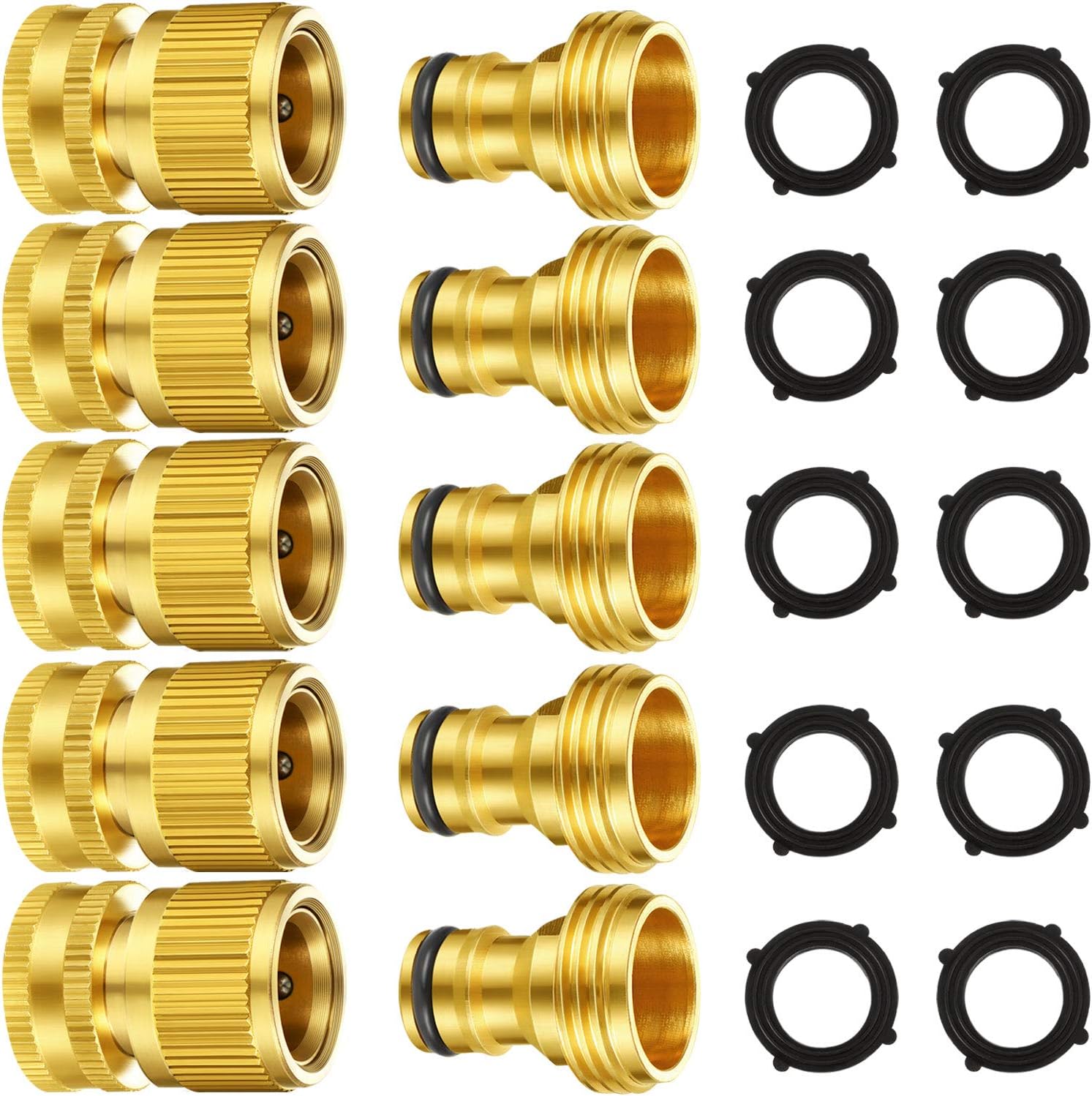 5 Set Garden Hose Quick Connect Fittings Solid Brass Quick Connector 3/4 Inch GHT Garden Water Hose Connectors with Extra Rubber Washers, Male and Female Pack of 2