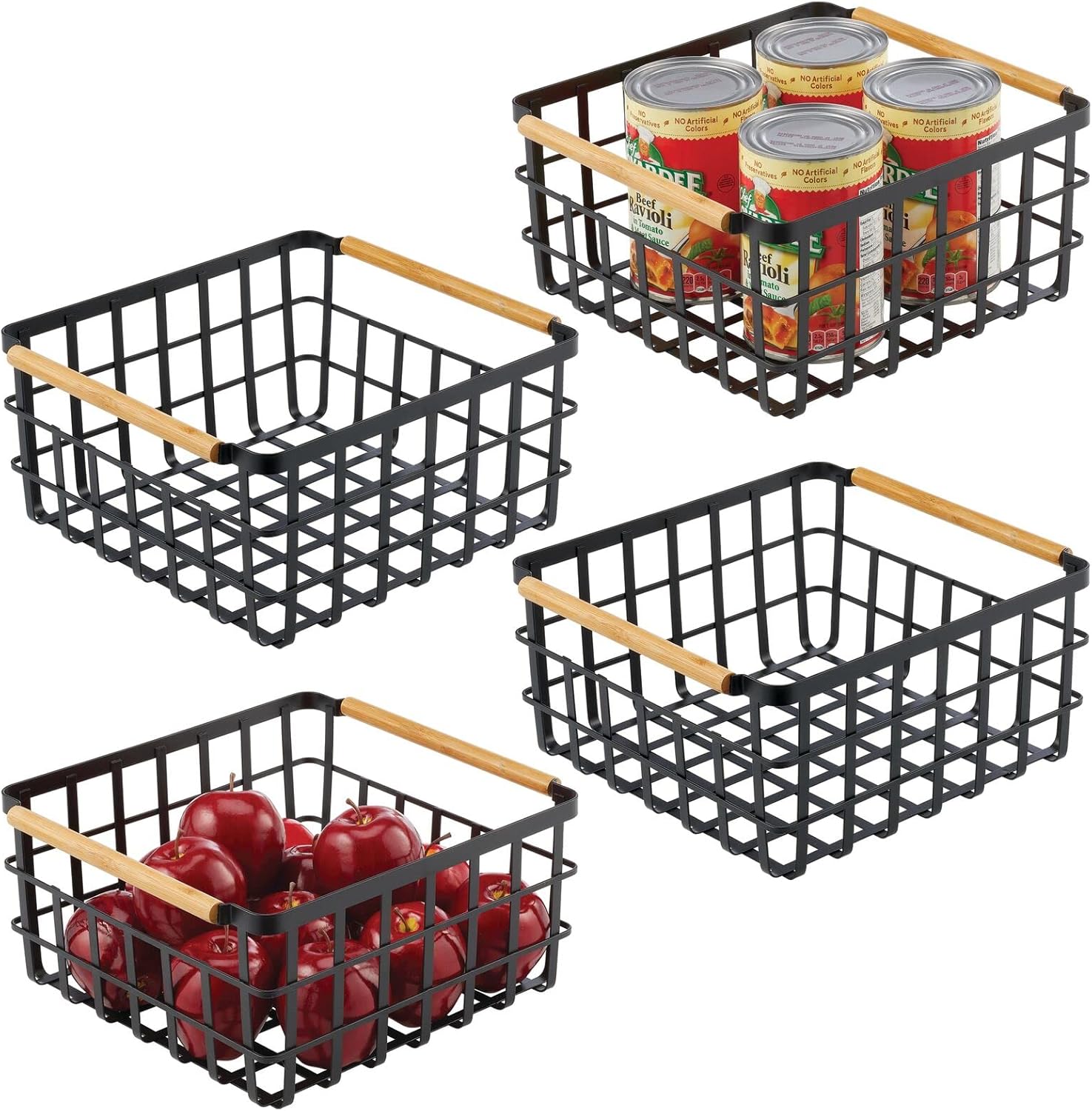 mDesign Farmhouse Decor Metal Wire Food Organizer Storage Bin Basket with Bamboo Handles for Kitchen Cabinets/Pantry - Store Fruit, Coffee, Spices, Pasta, Baking Supplies, 4 Pack - Matte Black/Natural Pack of 2