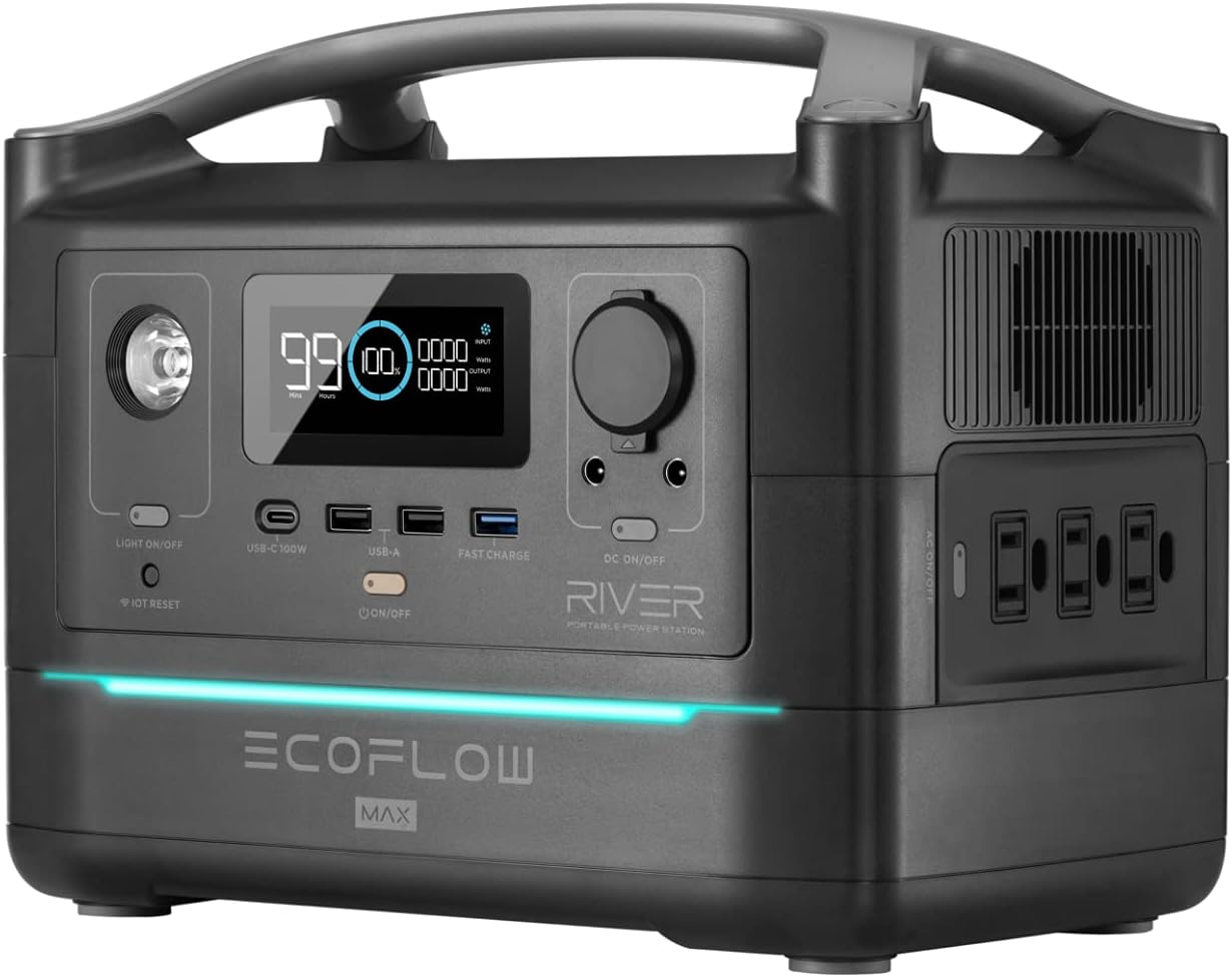 EF ECOFLOW Portable Power Station RIVER Max, 1.6hrs Fully Recharge 576Wh Backup Power with 3 x 600W (Peak 1200W) AC Outlets, Clean & Silent Solar Generator for Outdoor Camping RV (Solar Panel Optional)
