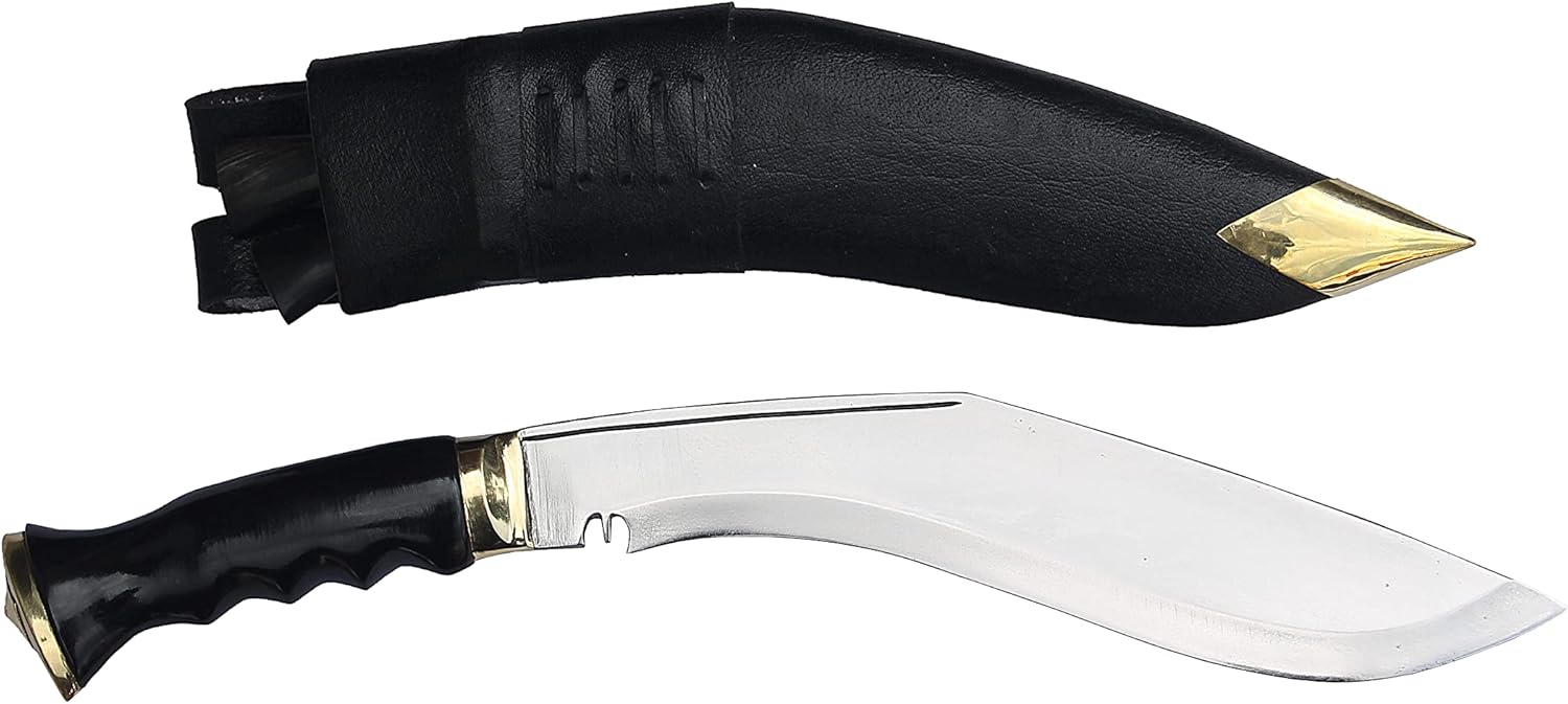 ESK GROUP ESK HANDMADE KUKRI KNIFE MACHETE - 10.5 INCH CARBON STEEL BLADE and 5 INCH HORN HANDLE WITH BLACK COLOUR GENUINE LEATHER SHEATH AND TWO SMALL KNIVES, MADE IN NEPAL