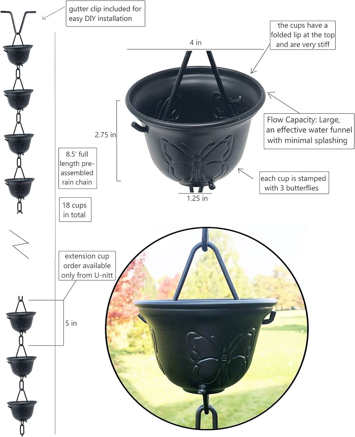 U-nitt Rain Chains, Roof Gutter Downspout/Spout Channel, Rainwater Water Catcher/Diverter, 8.5 feet Length, Metal, Black Powder Coated, Classic Bell, Butterfly Tealight, 3144BLK Pack of 2