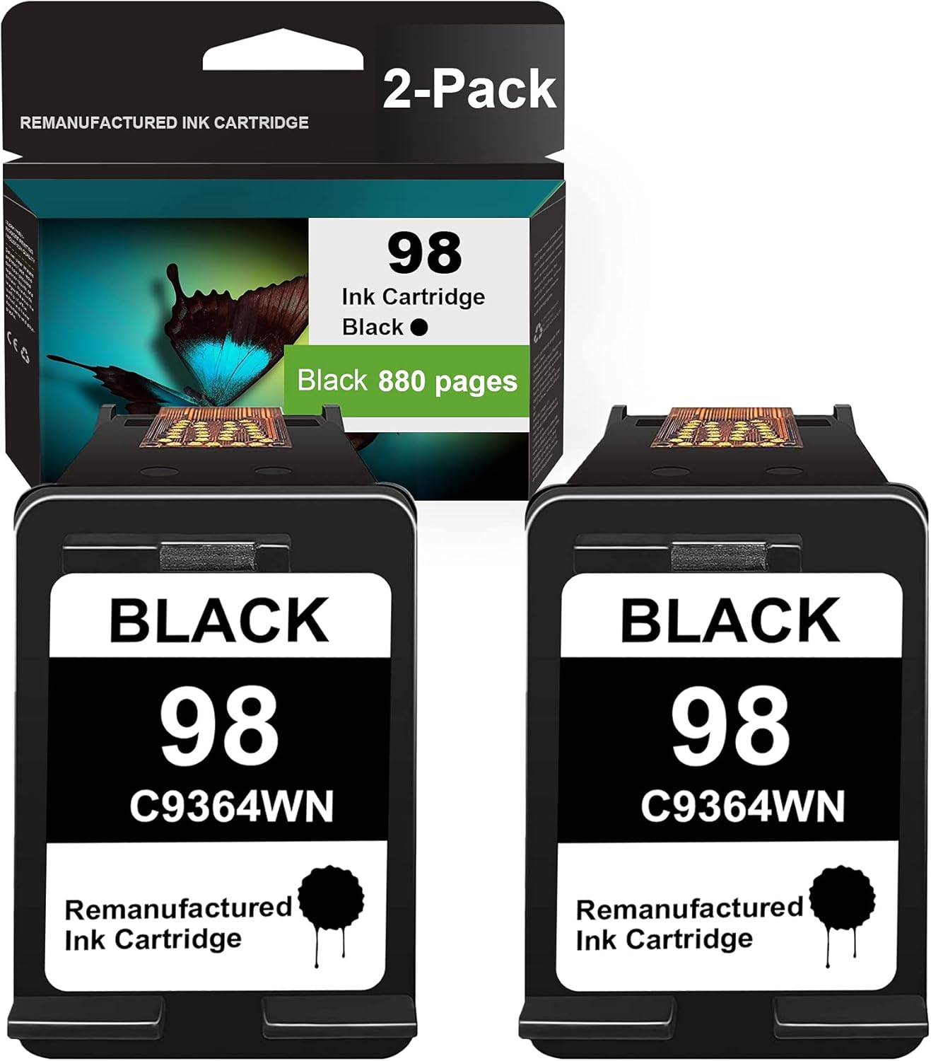 Remanufactured 2 Pack Black Compatible 98 | C9364WN Ink Cartridge Replacement for HP Deskjet 6988 (CB055A) 6940 (C8970A) Officejet 100 (CN551A) 150 (CN550A) Printer Ink Cartridge. Pack of 2