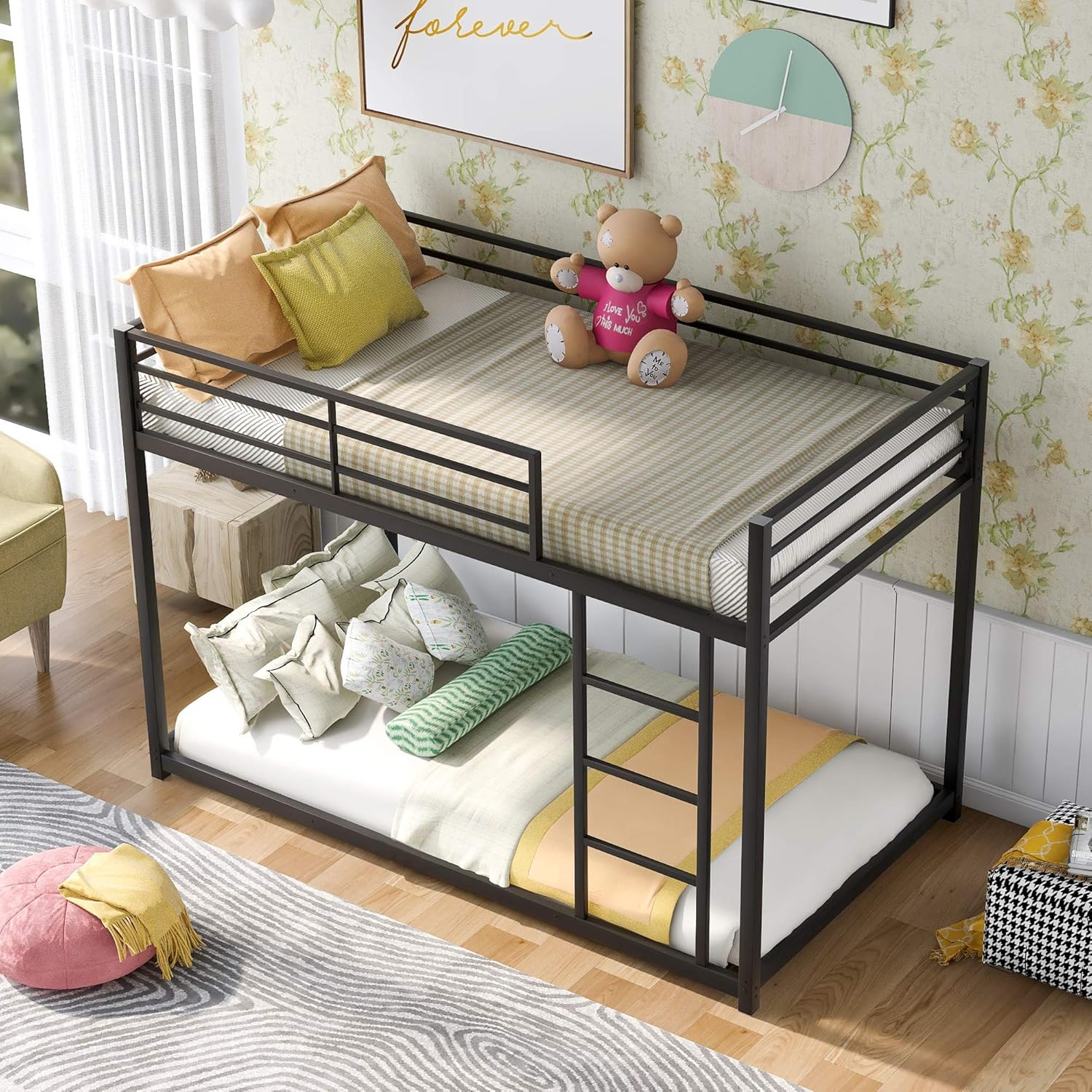 SOFTSEA Metal Bunk Bed, Junior&rsquo;s Full Over Full Low Bunk Beds Frame Industrial Style with Safety Guardrail and Ladder, No Box Spring Needed (Full Over Full, Black)