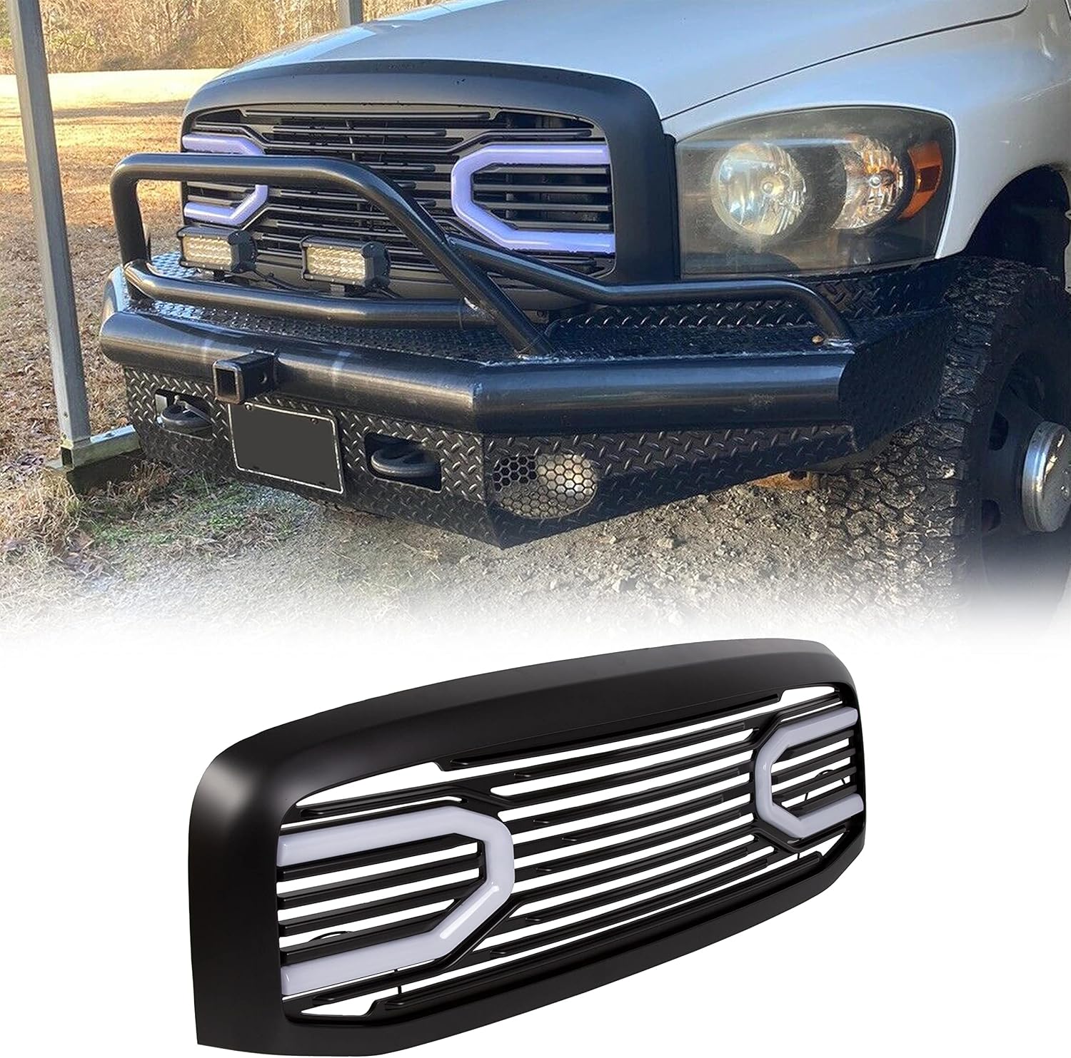 Black W/Light Front Hood Big Horn Grille Replacement Shell Grill Compatible with 2006-2009 Dodge RAM 1500 2500 3500