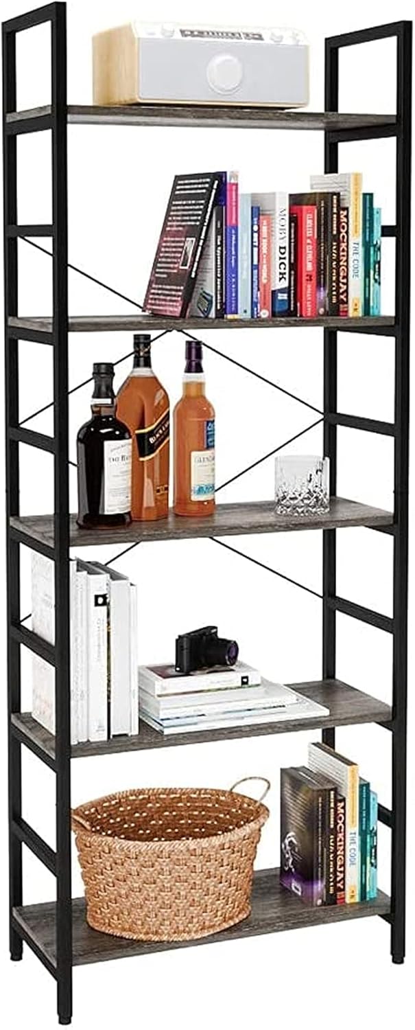 Bestier Bookshelf 5 Tier Bookcase Adjustable Shelves, Multifunctional Display Rack Storage Shelf Organizer Home Office Funiture Shelf P2 Wood Kitchen Storage Shelves Standing Shelf (Grey)