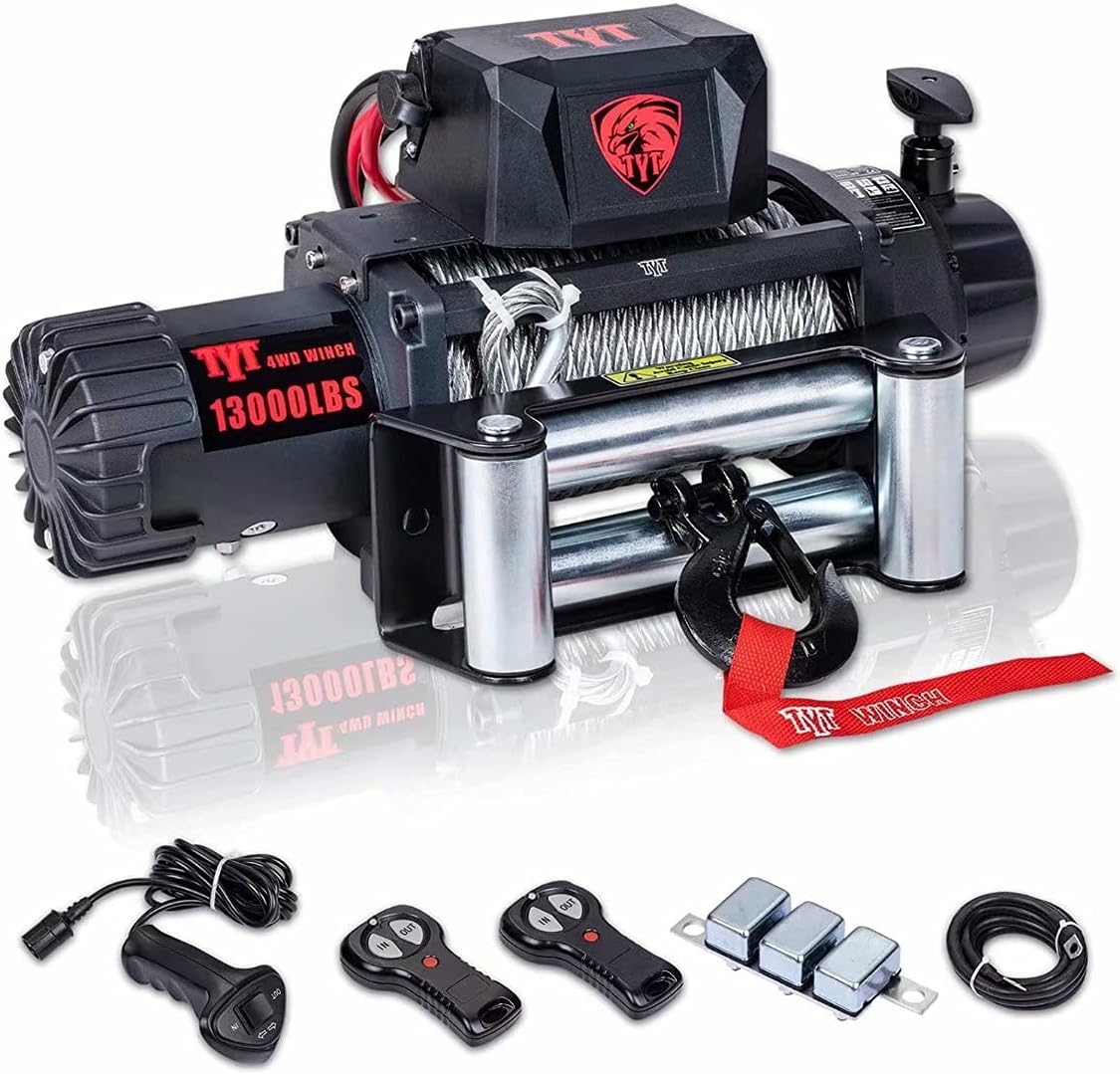 TYT T1 Series Winch 13000 lb. Advanced Load Capacity Electric Winch,12V Waterproof IP67 Electric Winch with Hawse Fairlead, Steel Cable Truck Winch with Wireless Handheld Remote and Wired Handle