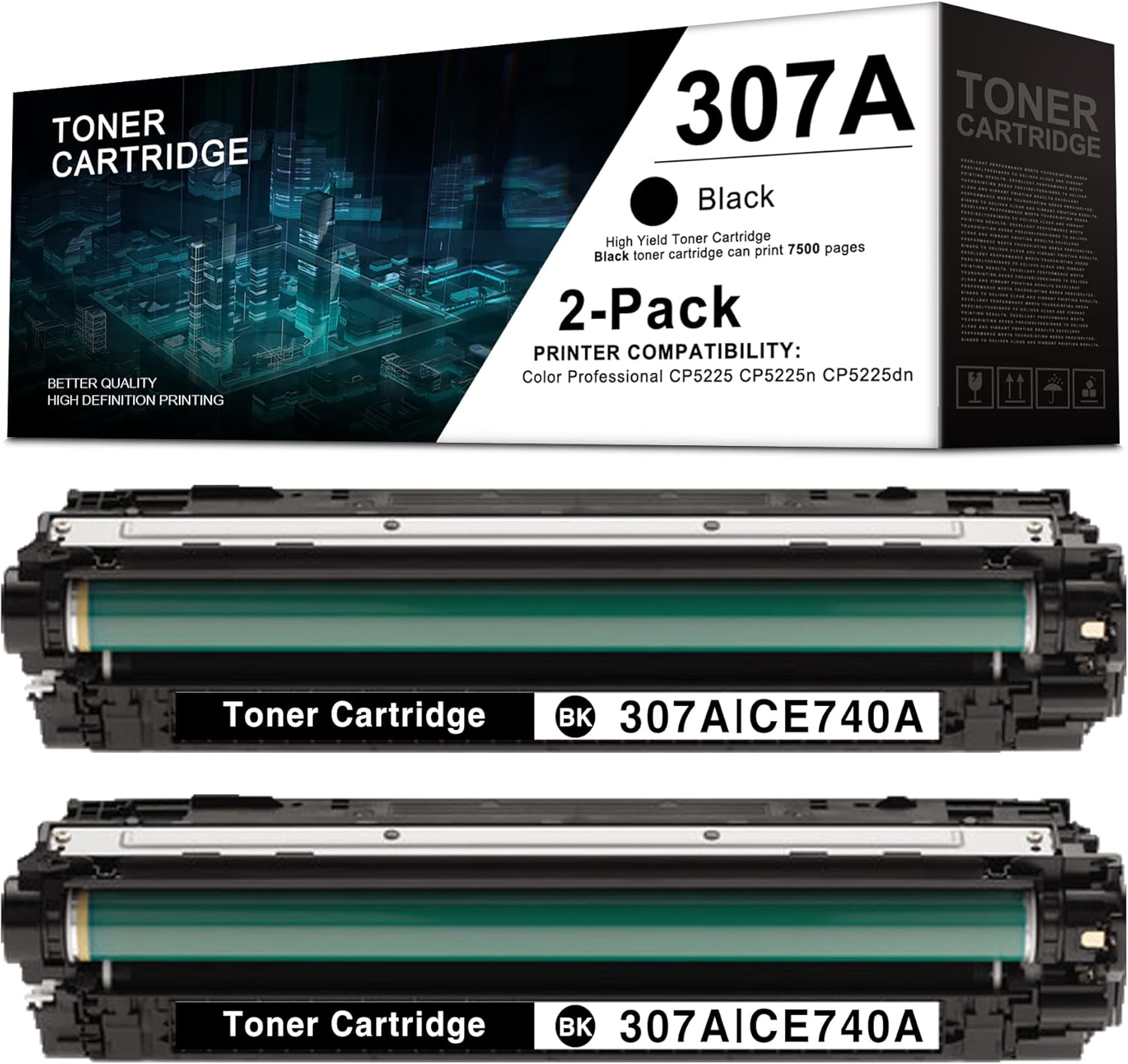 2 Pack Black 307A | CE740A Remanufactured Toner Cartridge Replacement for HP Color Professional CP5225 CP5225n CP5225dn Printer -by Leadyink