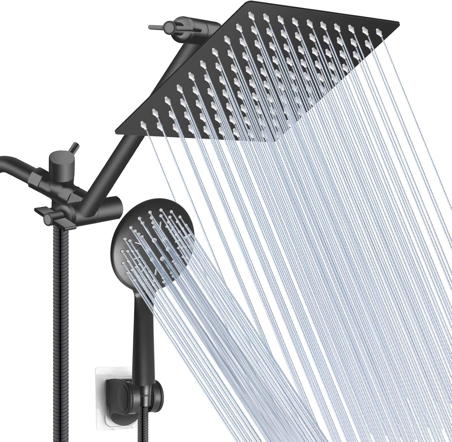 XaGai Shower Head,8 Inch Rain ShowerHead with 11 Inch Adjustment Extension Arm/High Pressure Handheld Shower Head Combo,3 Spray Setting HandHeld Showerhead with 60'' Hose/Adhesive Bracket-Matte Black Pack of 2