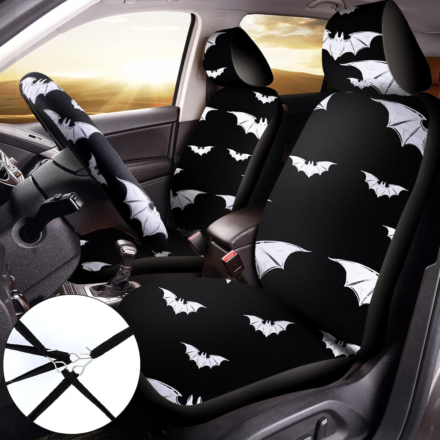 10 Pieces Colorful Abstract Pattern Bats Car Accessories Set Include Bat Car Seat Covers Steering Wheel Covers Car Seat Belt Shoulder Pads Car Coasters Armrest Pad Wrist Holder Keychain for Car Truck