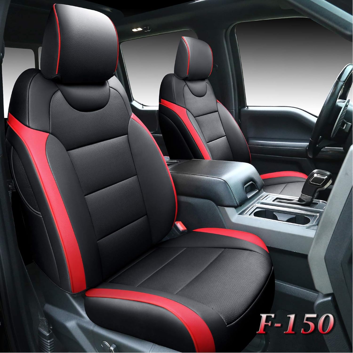 Tecoom Front and Back Seat Covers 5 Pieces, Waterproof Leather Truck Seat Protectors Custom Fit Full Set, Compatible with Ford F-150 2015-2022 & F-250 F-350 F-450 2017-2022 (Raptor Style, Black&Red)