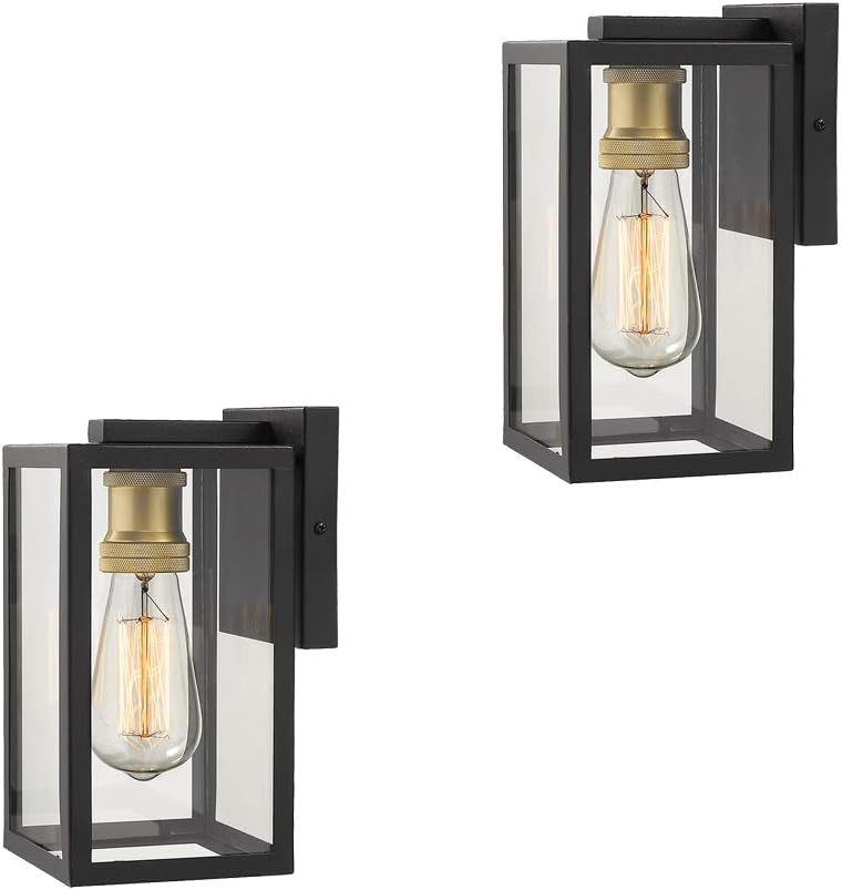 Zeyu Outdoor Wall Lights 2 Pack, Exterior Wall Sconces, Black and Gold Finish with Clear Glass, 02A150-2PK BK