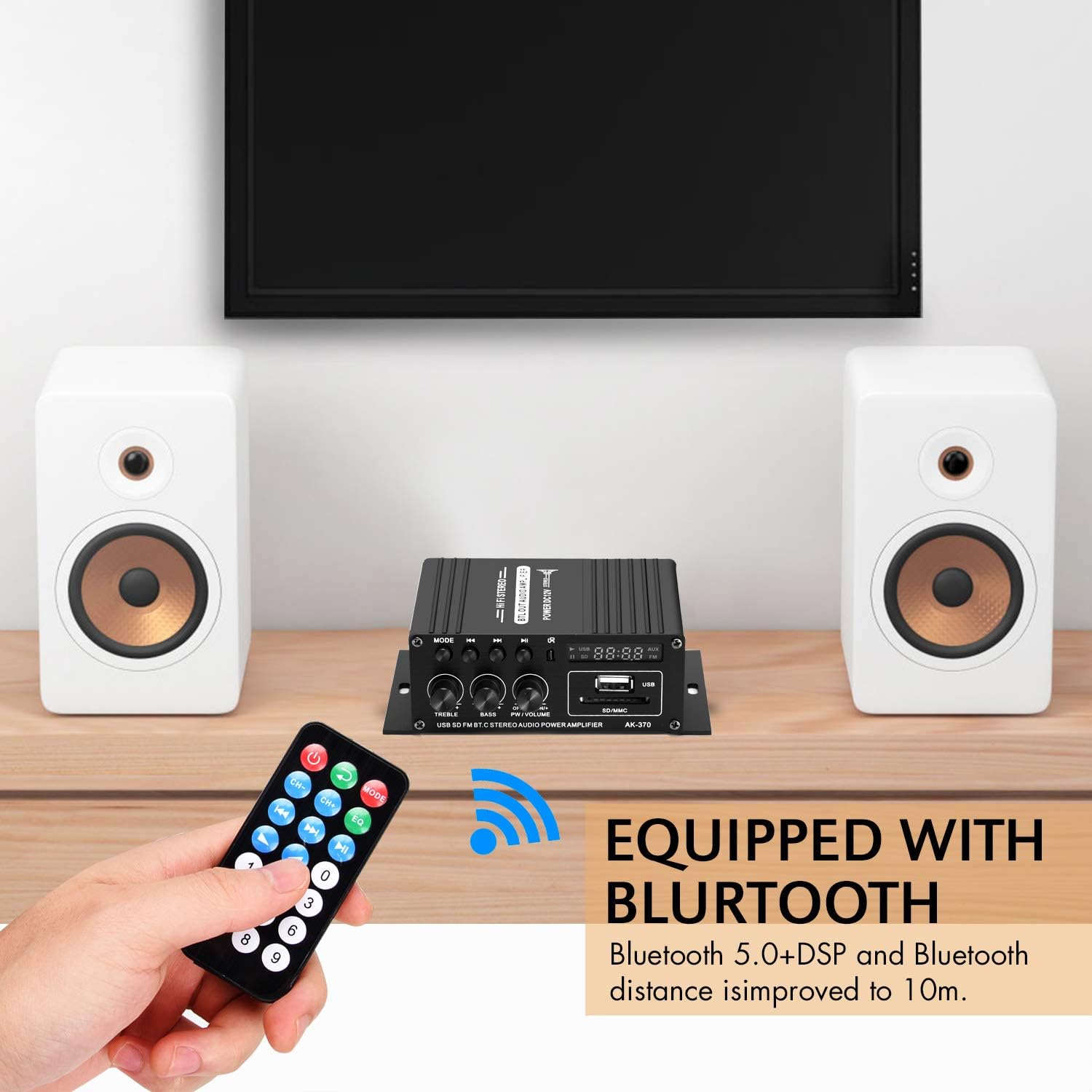 Facmogu AK370 HI-FI Stereo Audio Power Amplifier, Dual Channel Amp Sound Speaker Bluetooth with 12V 3A Power Supply, Bass & Treble Control Home Audio Player Amp Speaker with Remote Control