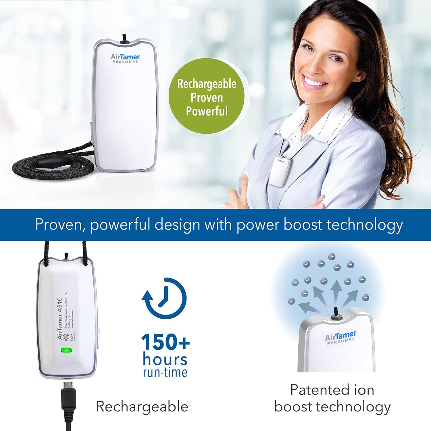 AirTamer A310 Rechargeable Personal Air Purifier, Proven Performance, Virus and Pollutant Tested*, Black with Metal Travel Case