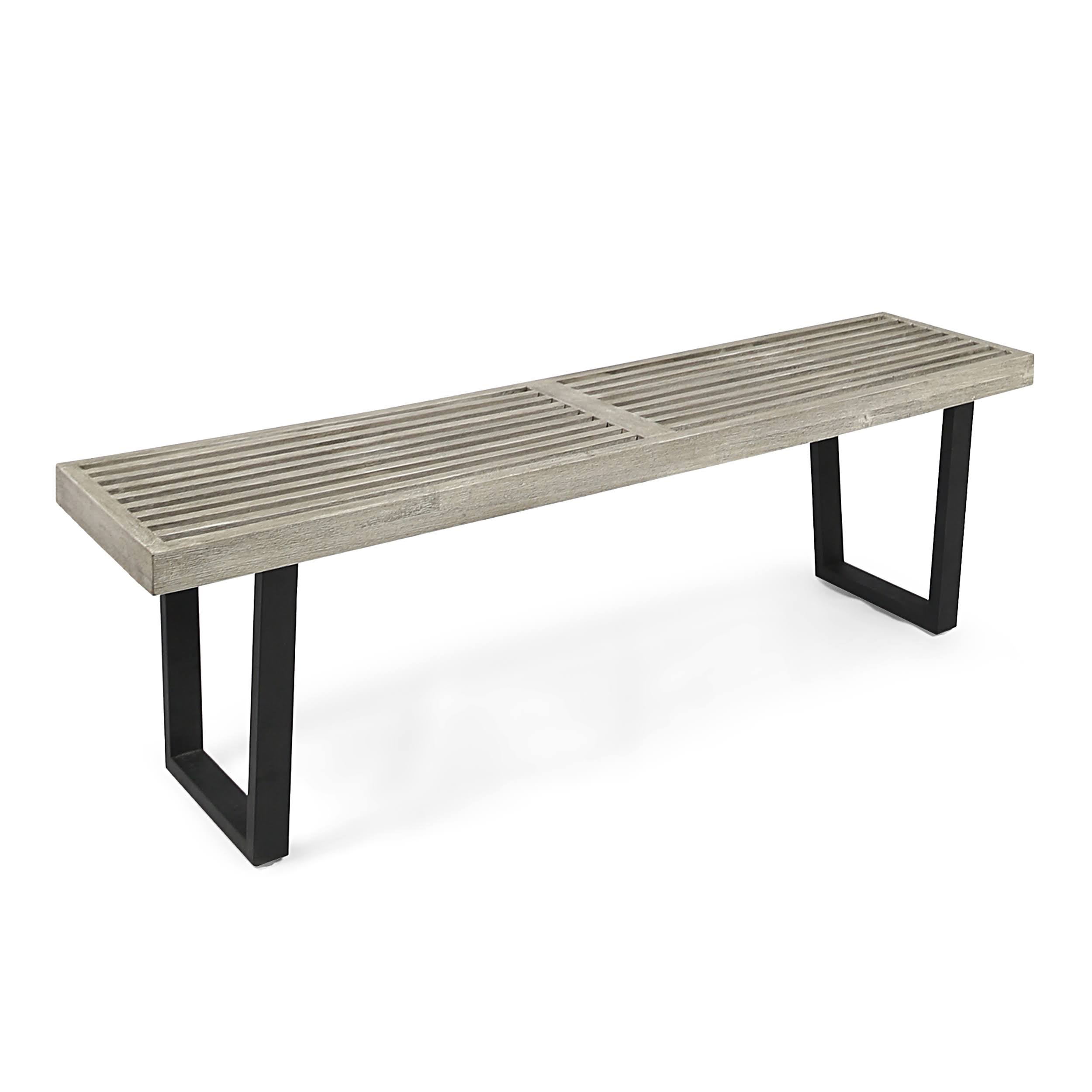 Joa Patio Dining Bench, Acacia Wood with Iron Legs, Modern, Contemporary, Wire-Brushed Light Gray and Black