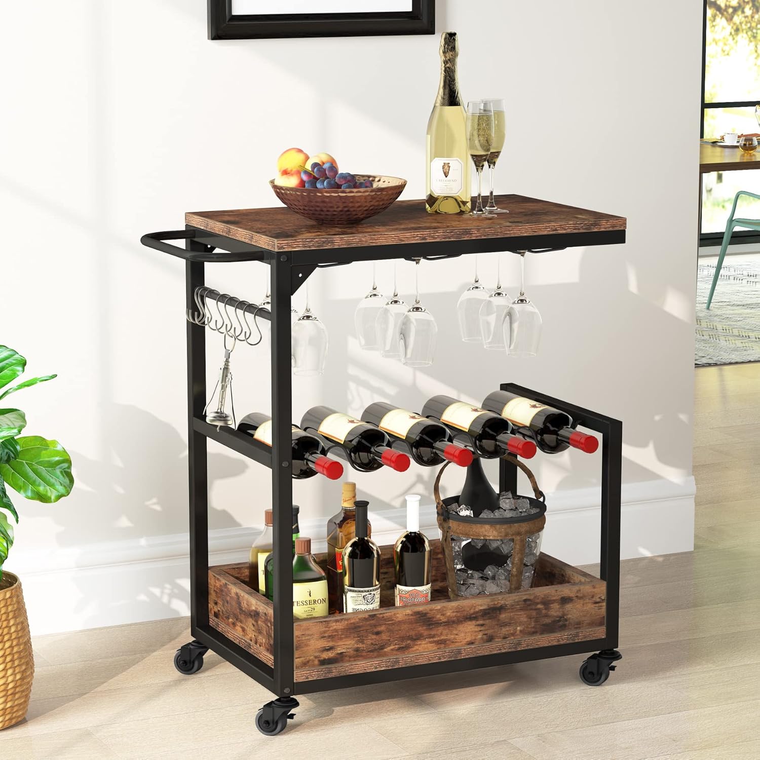 Tribesigns Industrial Bar Cart, Rolling Trolley Wine Cart with 8 Hooks, Modern Coffee Tea Serving Cart with Glass Stemware Rack and Wine Bottle Holders for Kitchen, Dining Room, Living Room, Brown