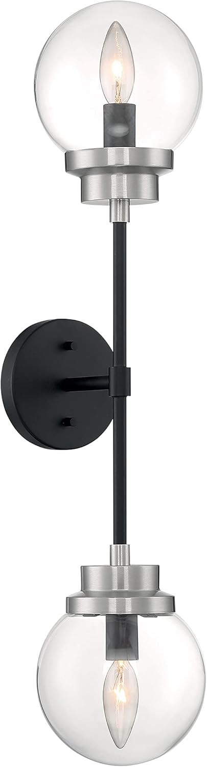 Nuvo 60/7132 Axis 2 Light Wall Sconce, Matte Black/Brushed Nickel Finish with Clear Glass
