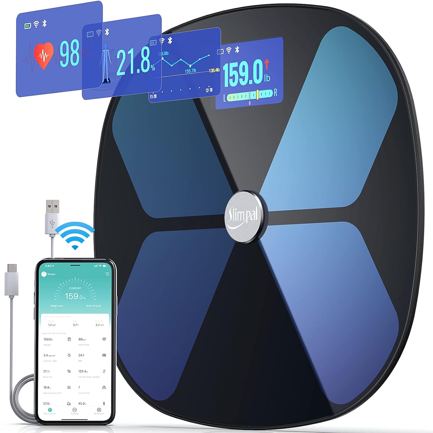 Slimpal Smart Scale with Body Fat and Water Weight, WiFi and Bluetooth, Rechargeable Digital Bathroom Scale, Large Display for Heart Rate,Weight Trend, 15 Body Composition BMI Analyzer Pack of 2