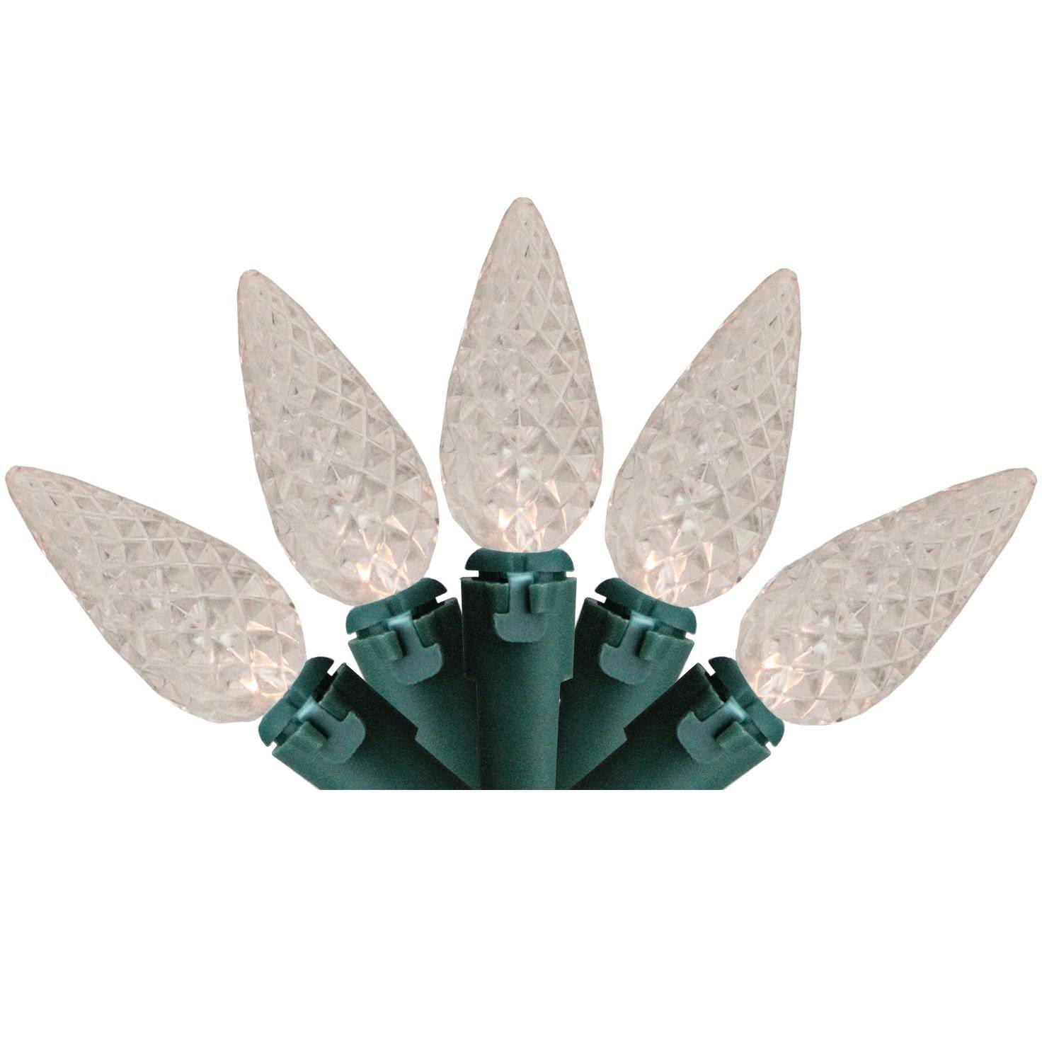 Set of 200 Faceted Warm White LED C6 Christmas Lights - Green Wire