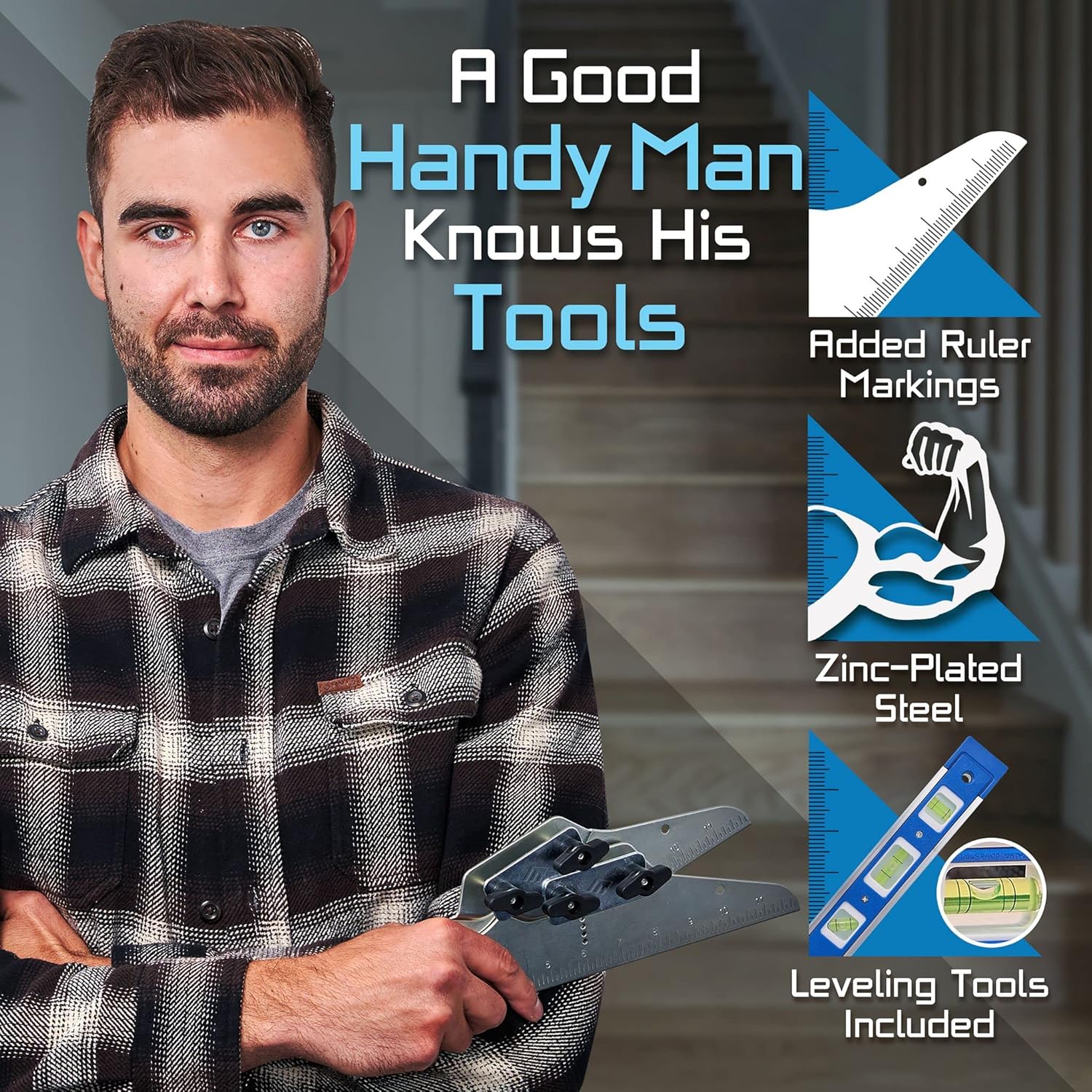 Staircision Stair Tread Template Tool - Stair Gauge Set with Carpenter Pencil and Level for Extra Precision - Solid Metal Stairs Jig for Accurately Measuring Angle and Length