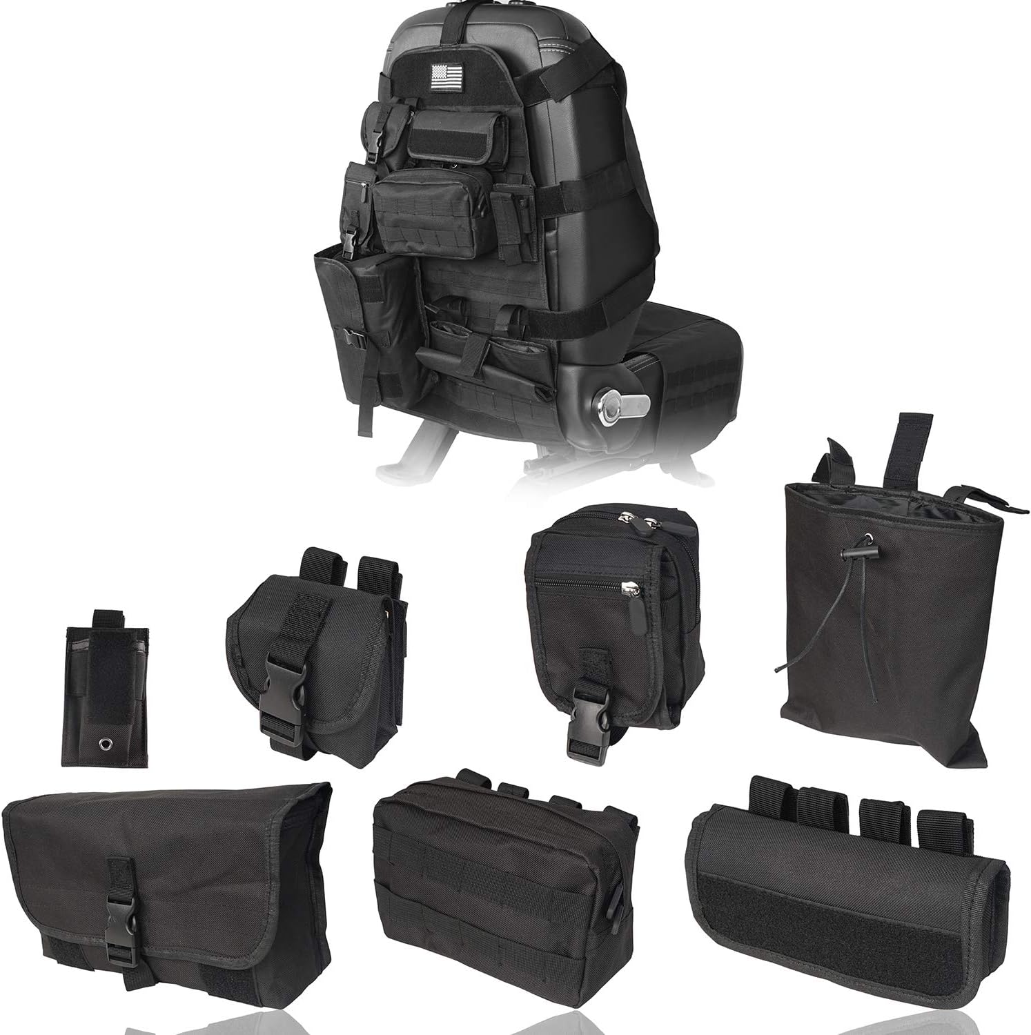 Hooke Road Interior Storage Bags Front Seat Cover Case with Organizer Multi Pocket Molle Pouch Bag for Jeep Wrangler YJ TJ JK JL Gladiator Tundra Tacoma F150 RAM P/U Trucks - Molle Seat Back Organizer