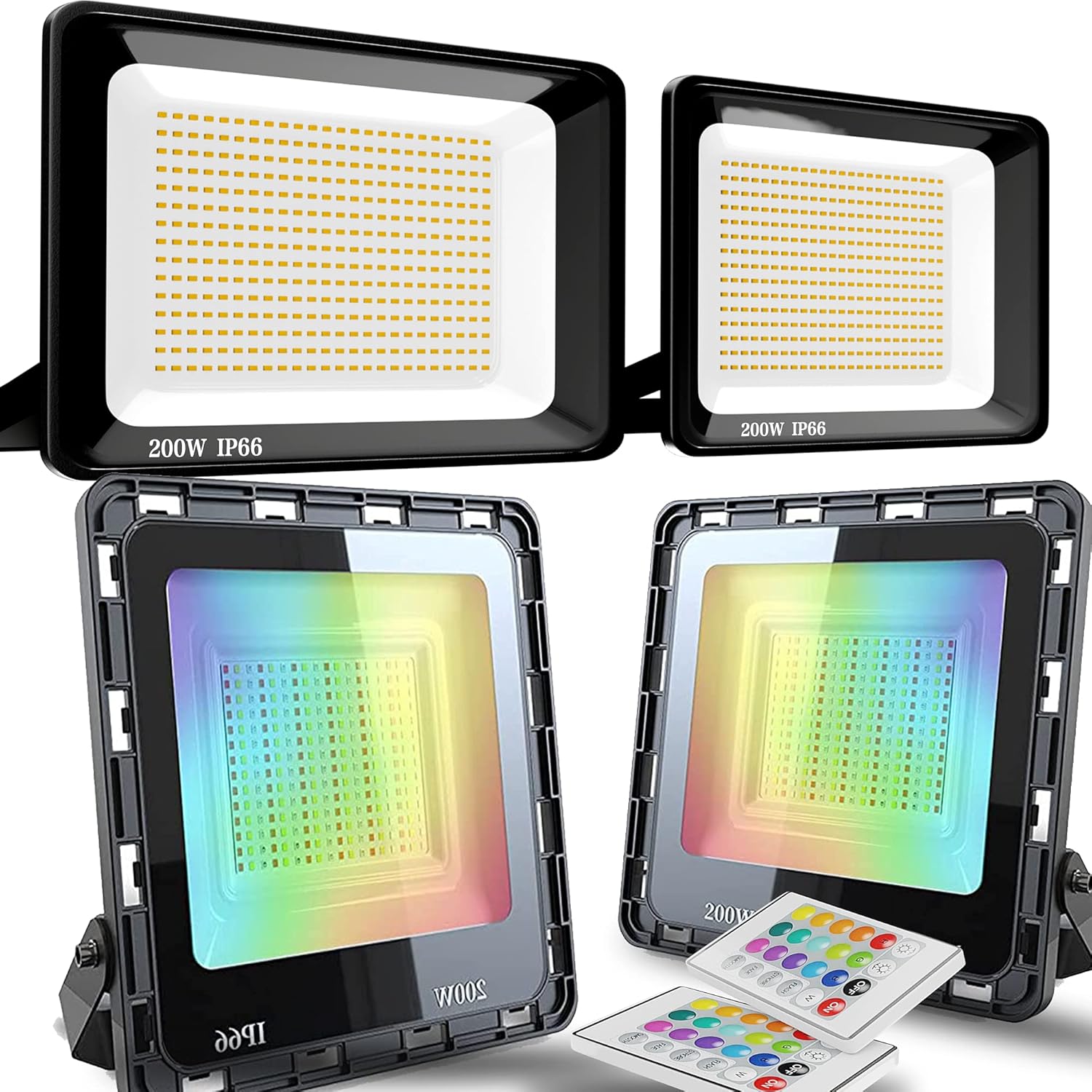 FEELON 4 Pack 200W LED Flood Light Outdoor, 2 Pack 6000K Daylight White Lights + 2 Pack RGB Lights,Super Bright Work Light with Plug,IP66 Waterproof Outdoor Floodlights for Yard, Garden, Playground