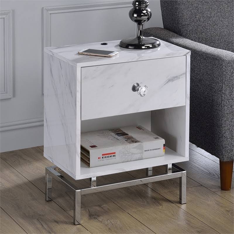 Furniture of America Lyn Contemporary Wood 1-Drawer End Table in White Marble - IDF-AC319WH
