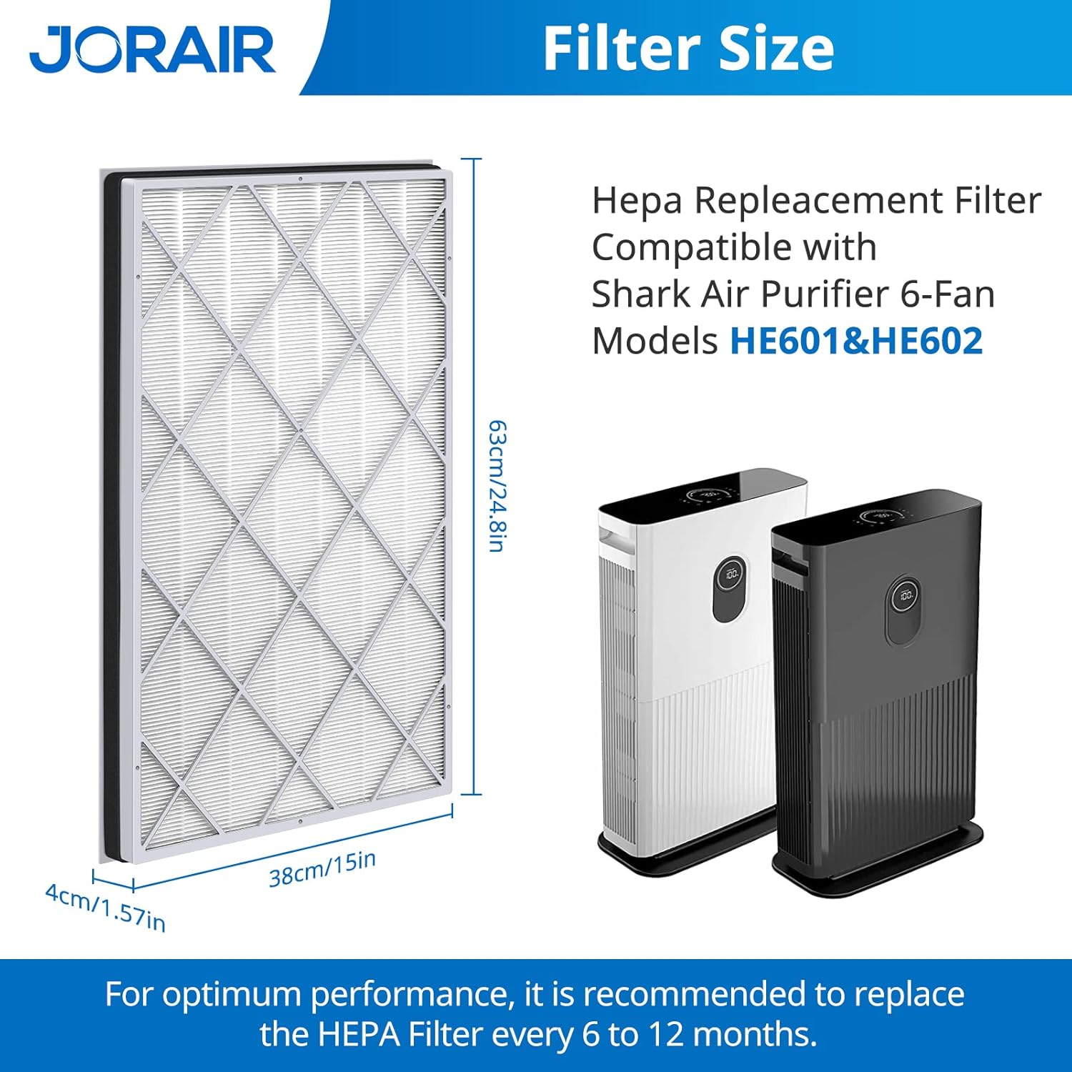 JORAIR HE601 Hepa Replacement Filter Compatible with Shark Air Purifier 6-Fan Models HE601& HE602, HE6FKPET H13 True Premium HEPA Filter 1 Pack Pack of 2