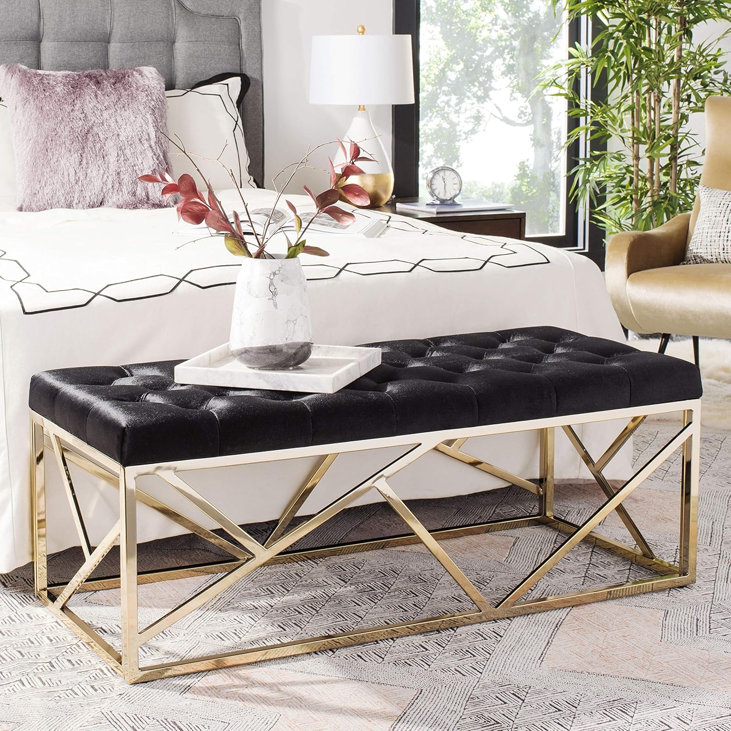 Safavieh Home Farah 48-inch Glam Black and Brass Tufted Rectangular Bench