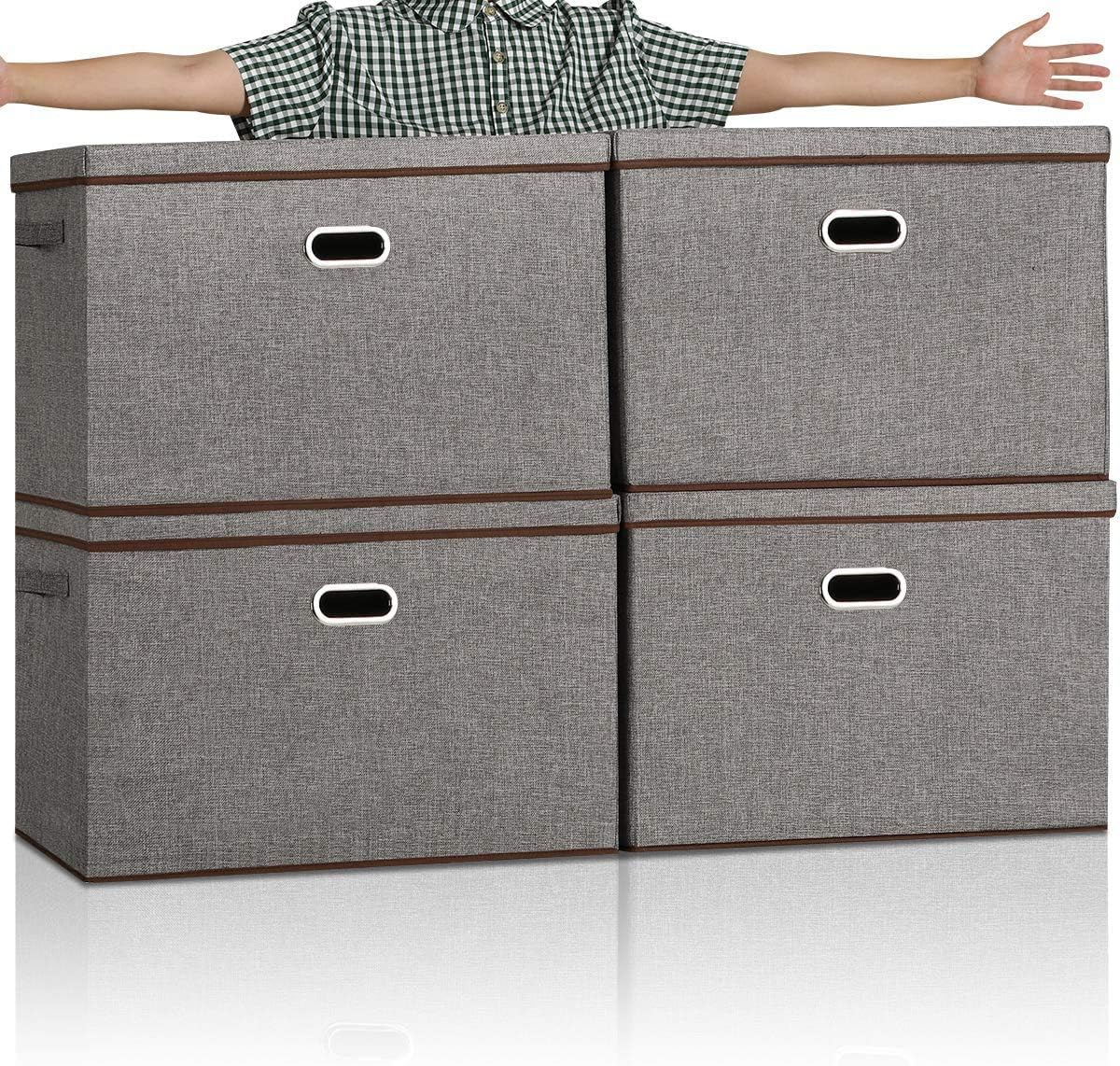 Extra-Large Linen Storage Boxes with Lids [4-Pack]Oversize Foldable Fabric Storage Bins with Lids Collapsible Storage Organizer Containers with Cover (23.6x15.8x15.8INCHES) (Extra large) Pack of 2