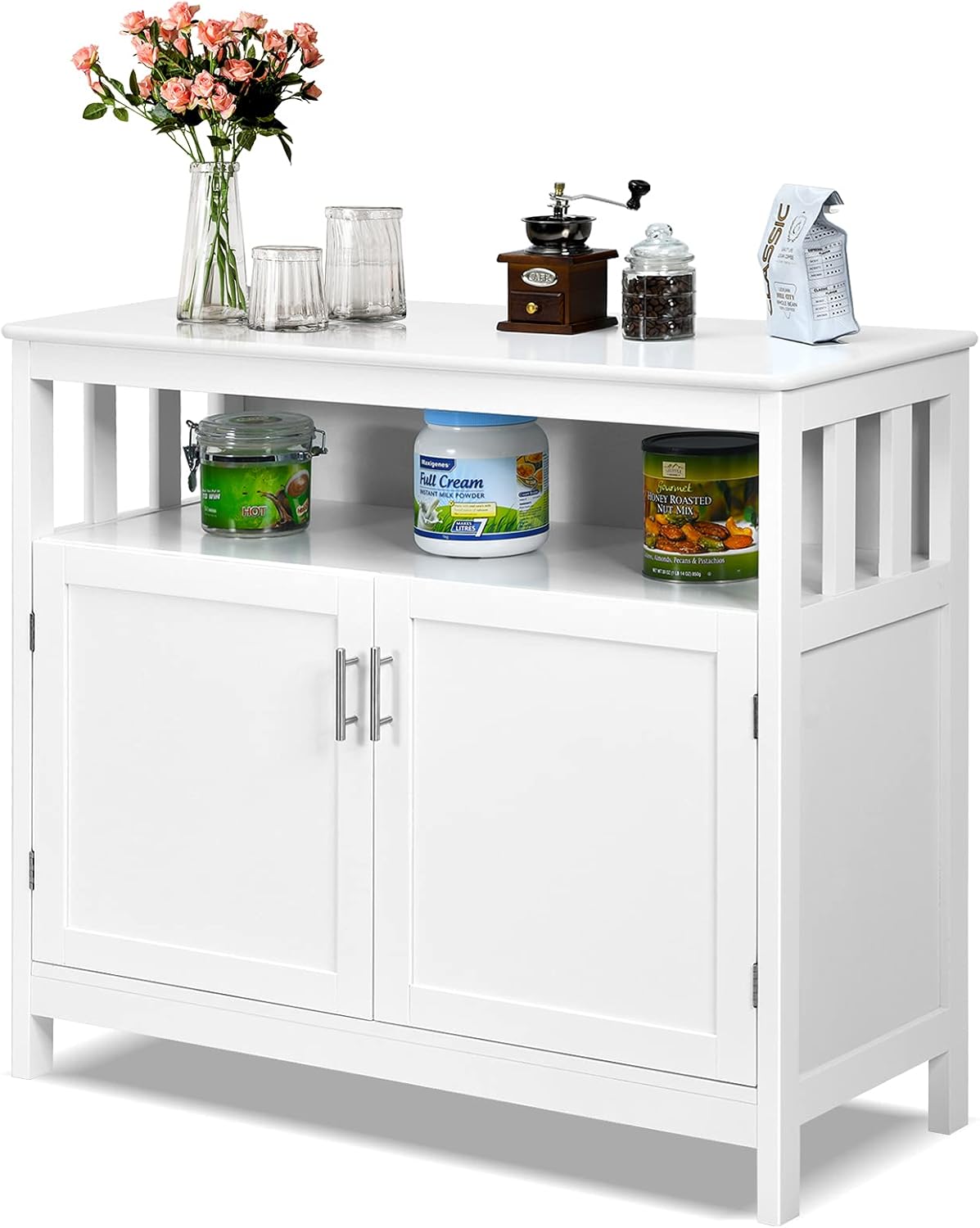 Giantex Kitchen Buffet Sideboard, Wooden Storage Server Cupboard Cabinet, Dining Room Living Room Bar Furniture 2-Door Console Table w/ 5-Position Adjustable Shelf & Open Shelf Drawer Cabinets (Black)