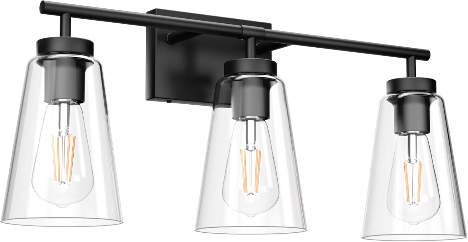 Aipsun Black Vanity Light Farmhouse Bathroom Light Fixtures Clear Glass Shade 3 Lights Wall Light Fixtures(Exclude Bulb)