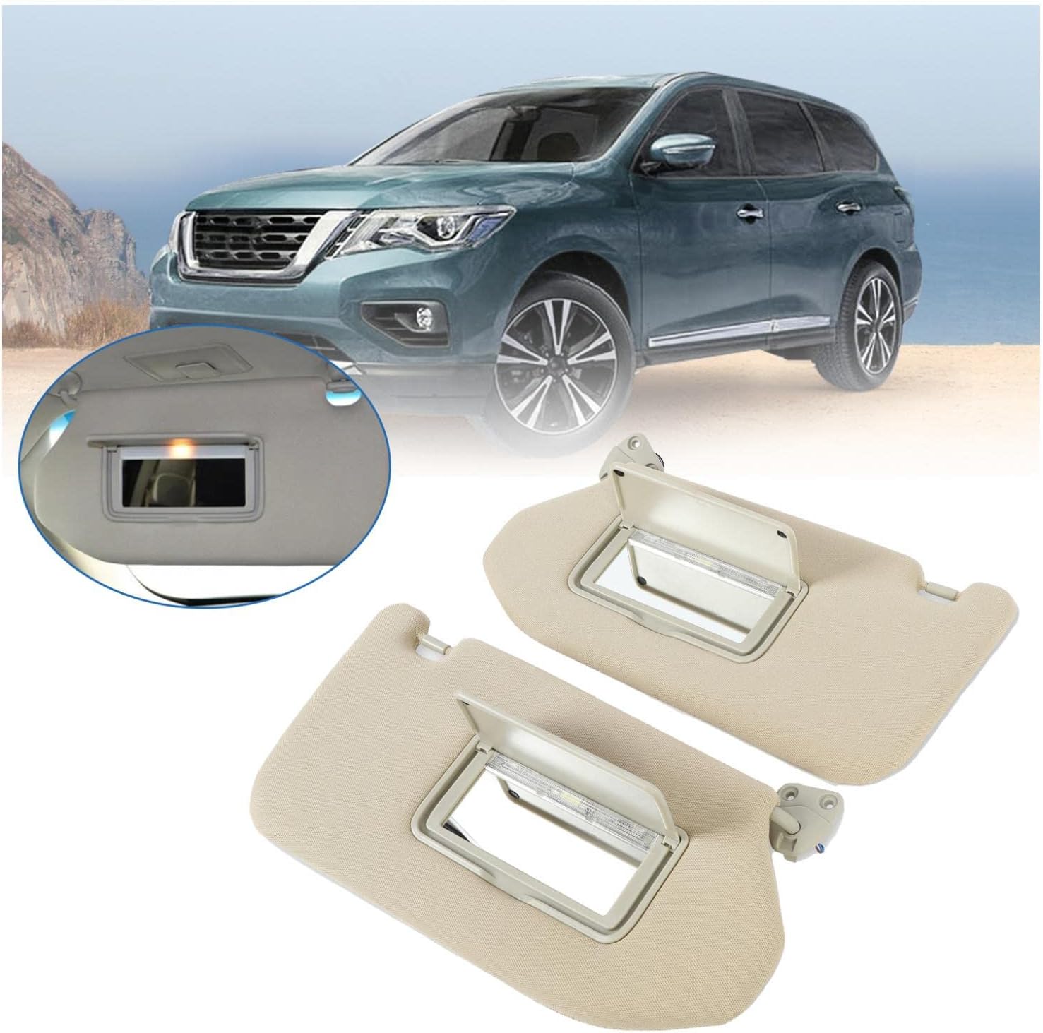 Kojem Tan Sun Visor with Lamp Left & Right Compatible with 2013-2018 Nissan Pathfinder, 2013 Infiniti JX35, 2014-2017 Infiniti QX60 - Replace for 96401-9PB0A 96400-9PB0A