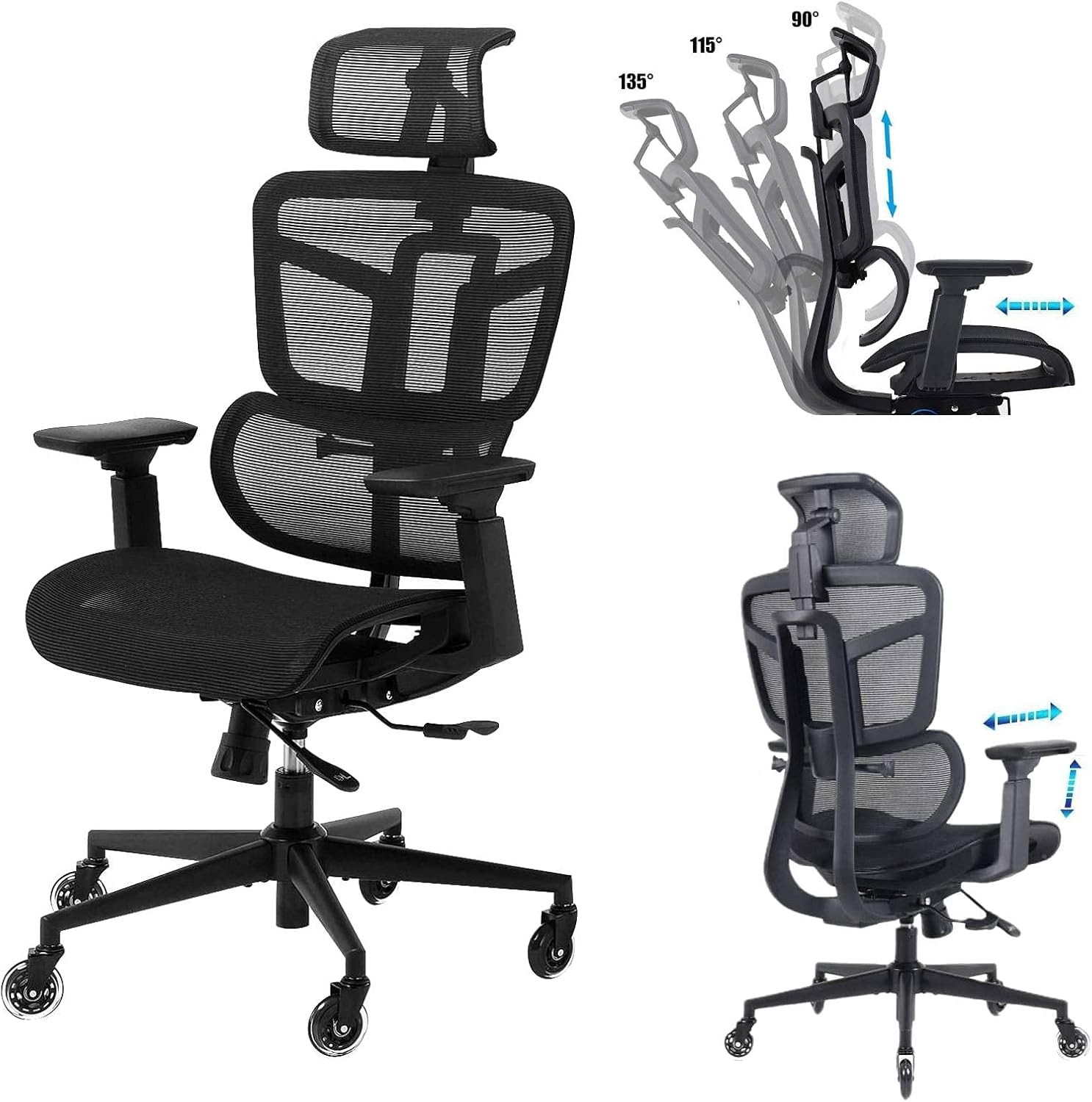 Ergonomic Office Chair, High Back Mesh Desk Chair Big Computer Chair with 4D Armrests Adjustable Lumbar Support Headrest Swivel Executive Rolling Task Chair for Conference Home Office Adults