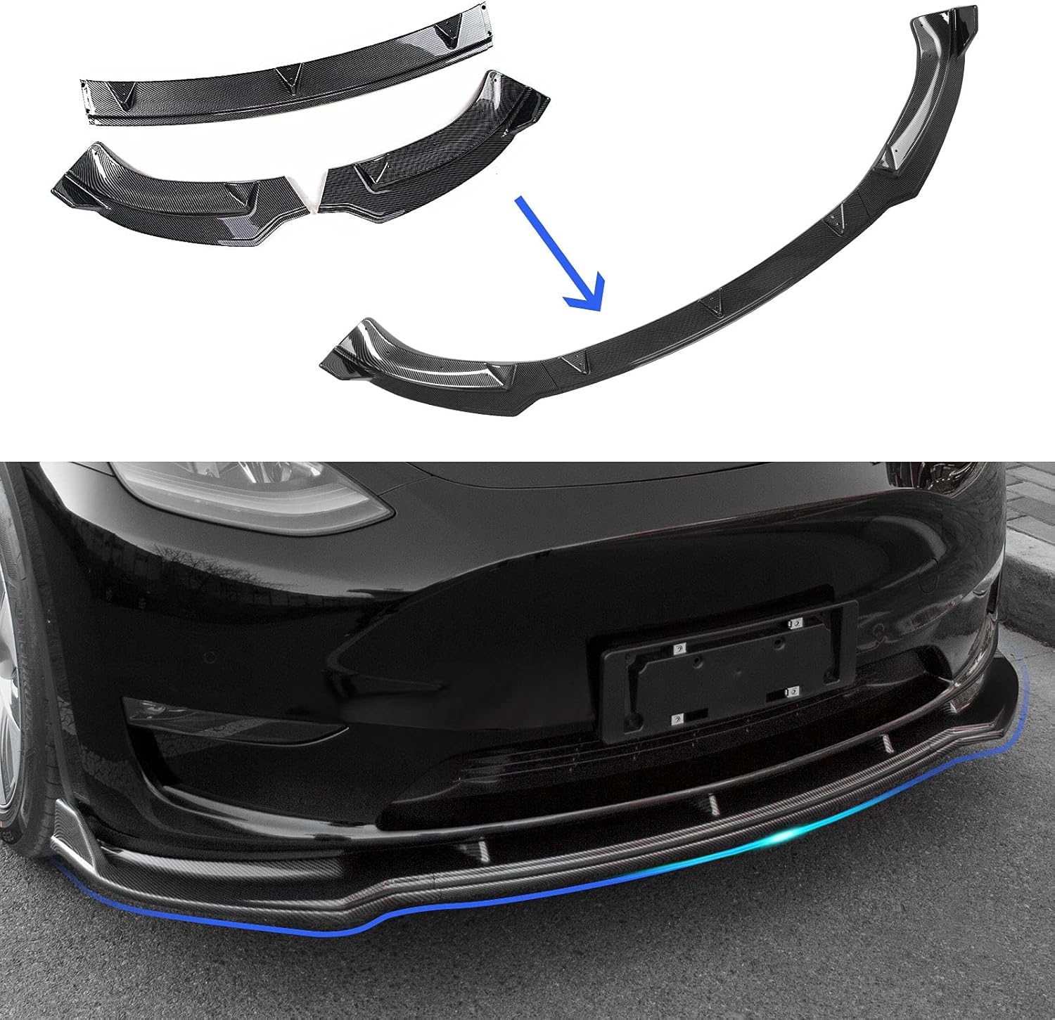 powoq Fit Tesla Model Y Front Lip Front Bumper Lip Spoiler Wing Front Splitter Side Body Kit Trim Protection for 2020 2021 Model Y Accessories (Glossy Carbon Fiber)