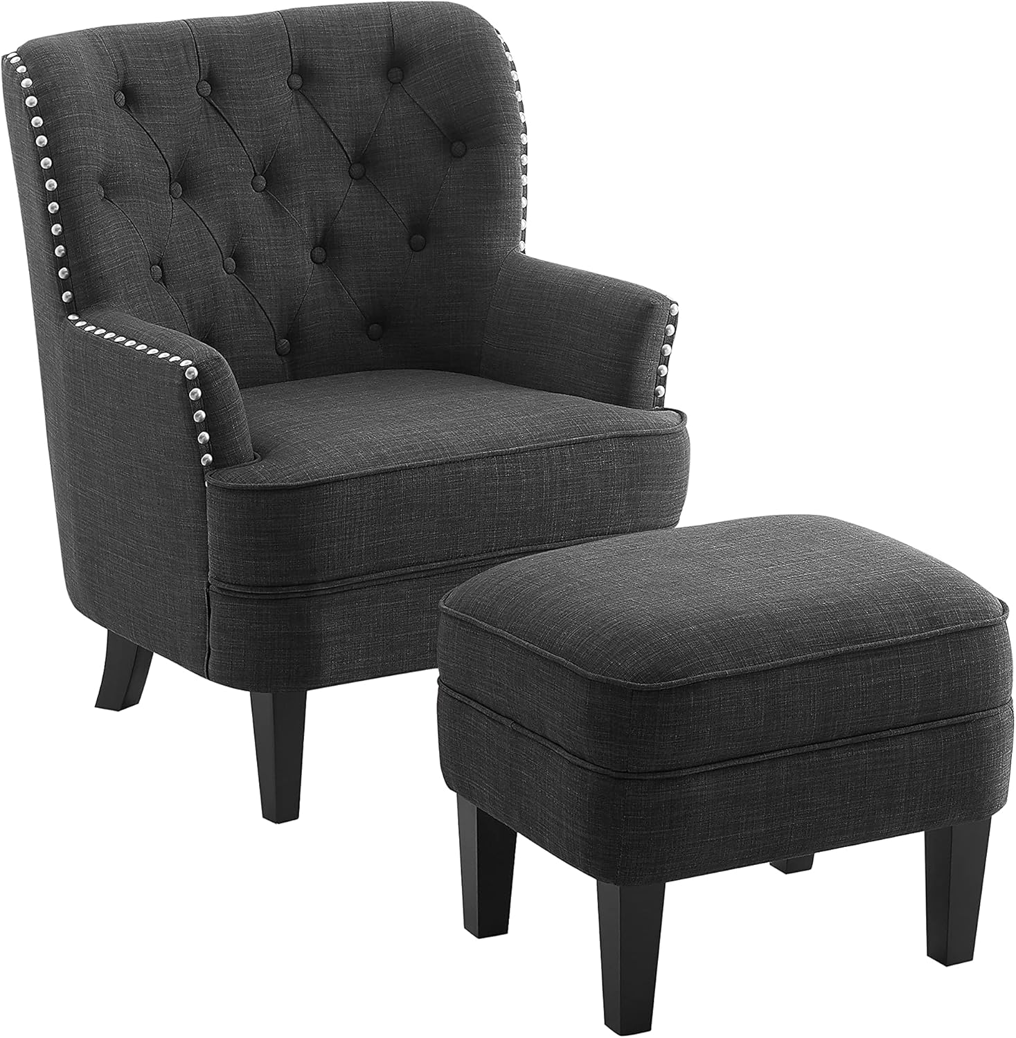Rosevera Duilio Collection Fabric Nailhead Club, Contemporary Accent Chairs, Standard, Velvet Charcoal with Ottoman